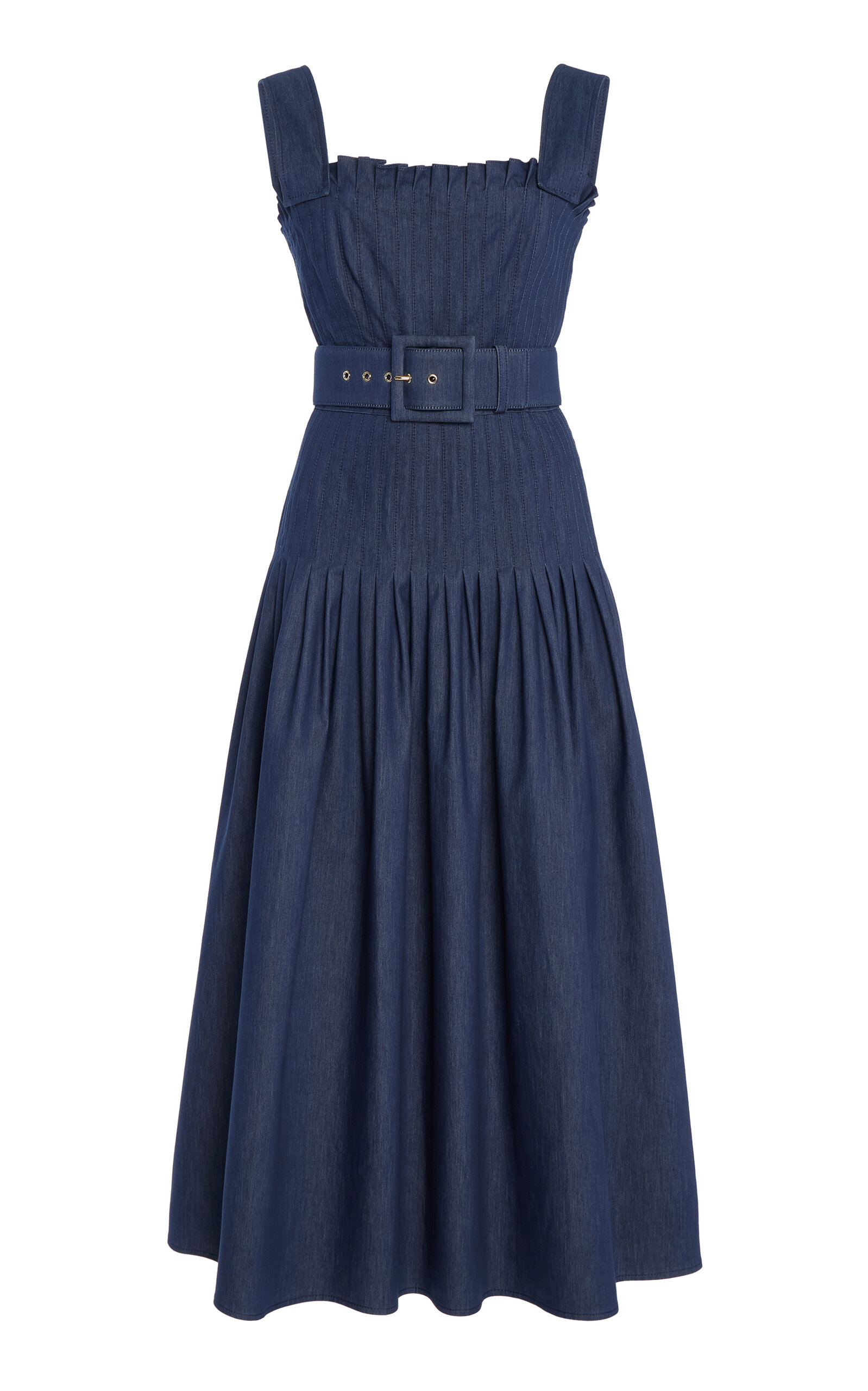 Pleated Cotton Chambray Twill Midi Dress