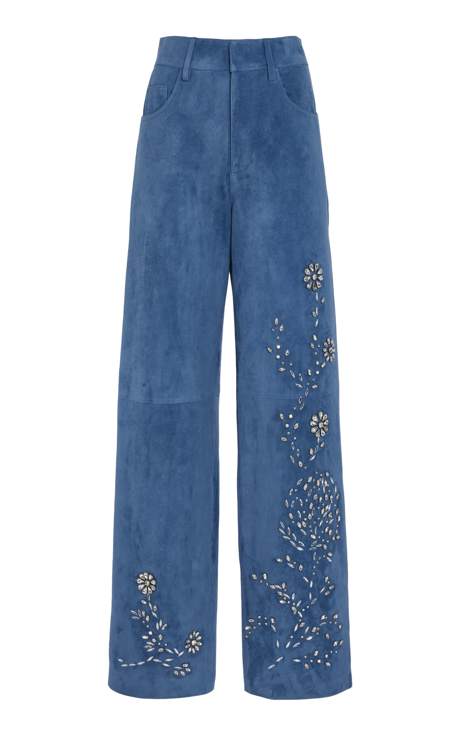 Crystal-Embellished Suede Straight-Leg Pants