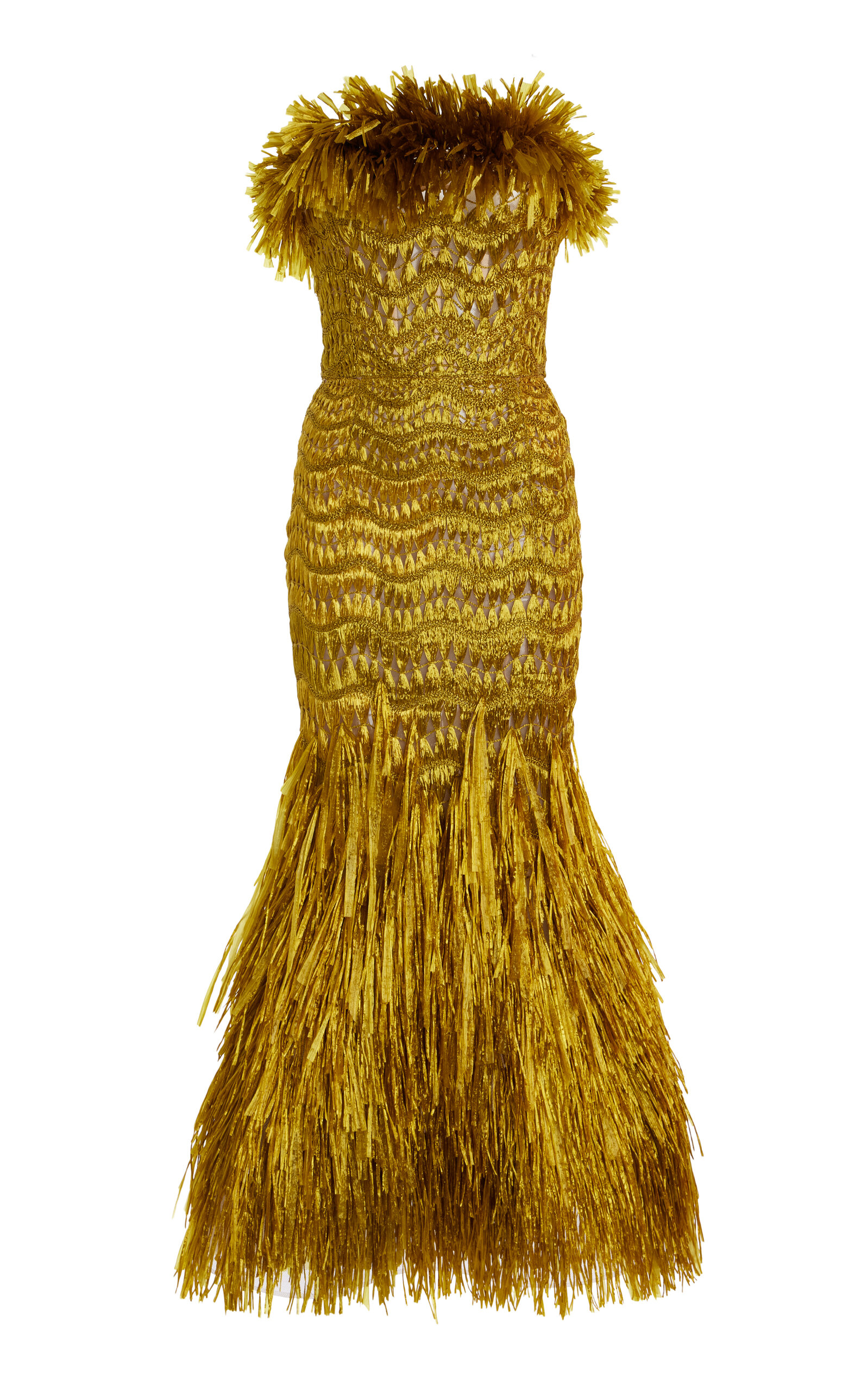 Raffia-Fringed Silk Maxi Dress