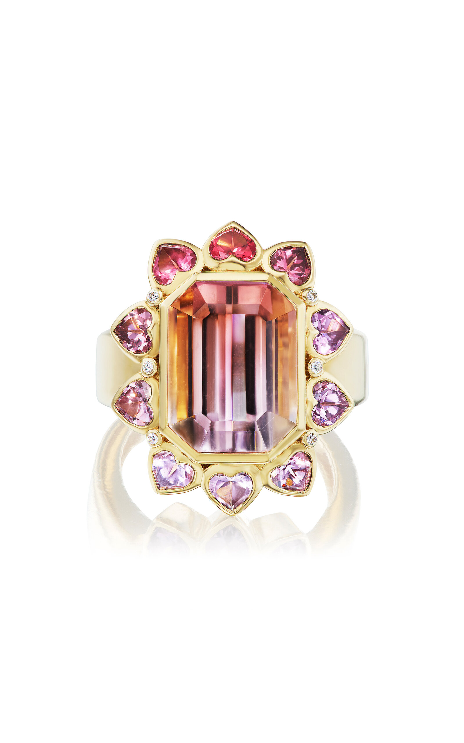 One of a Kind 14K Yellow Gold Heart Burst Cocktail Ring with Tourmaline; Spinel and Diamonds