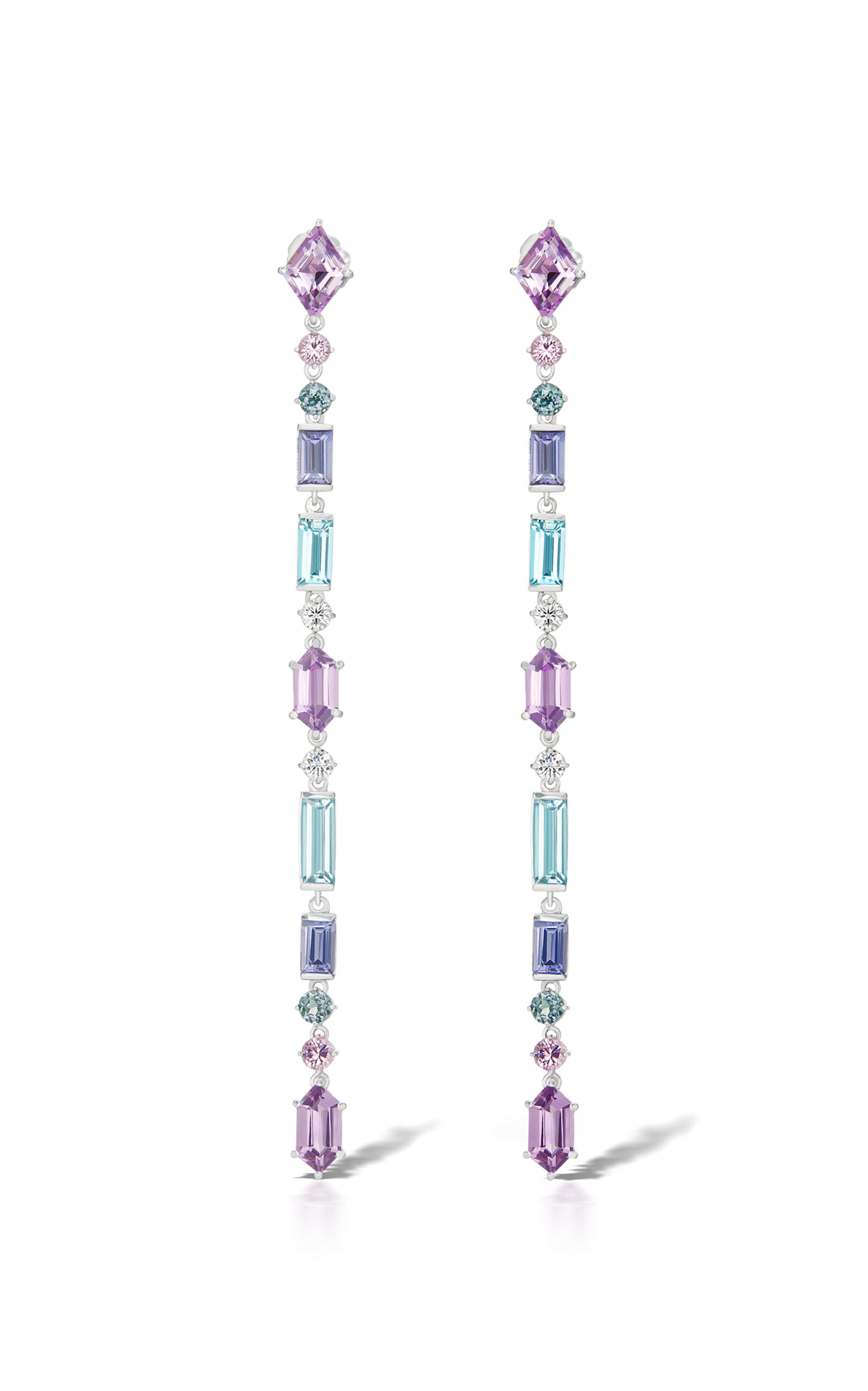 One of a Kind 18K White Gold Aerial Silk Earrings with amethyst; sapphire; garnet; iolite and aquamarine