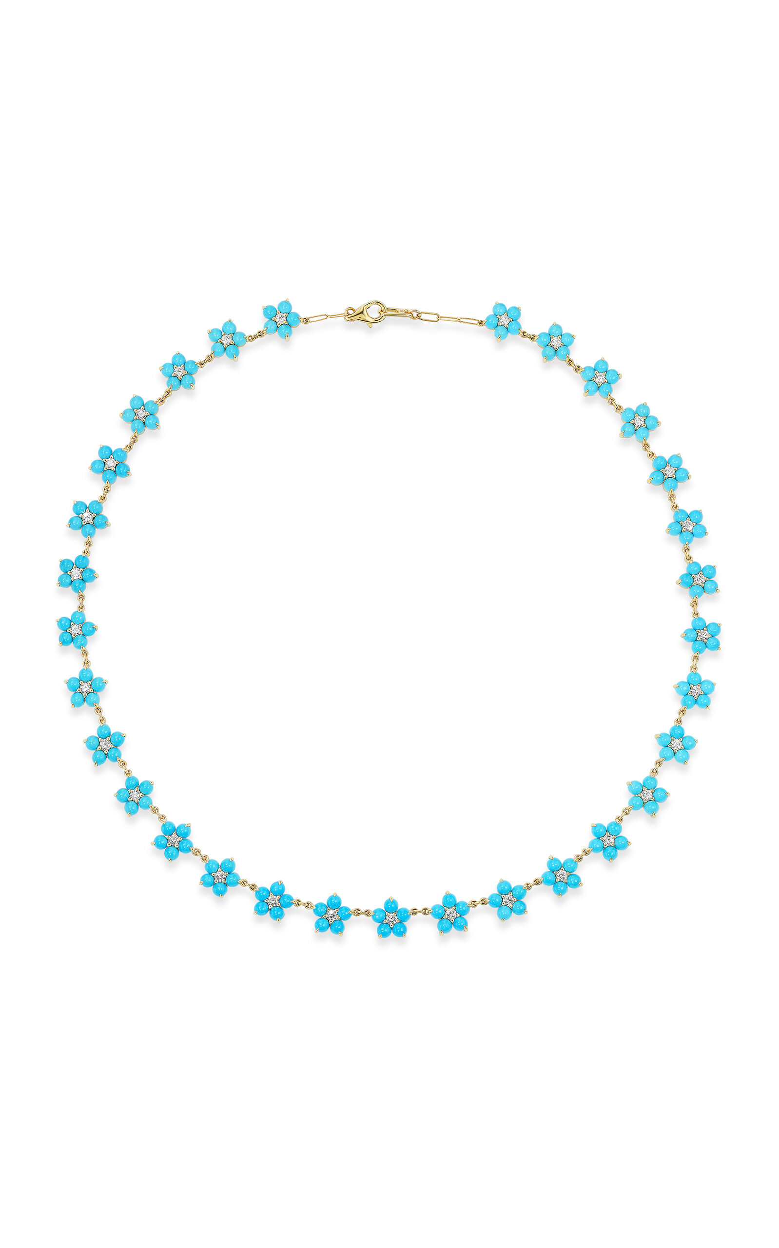 One of a Kind 14K Yellow Gold Daisy Chain Neckalce with Sleeping Beauty Turquoise & Diamonds