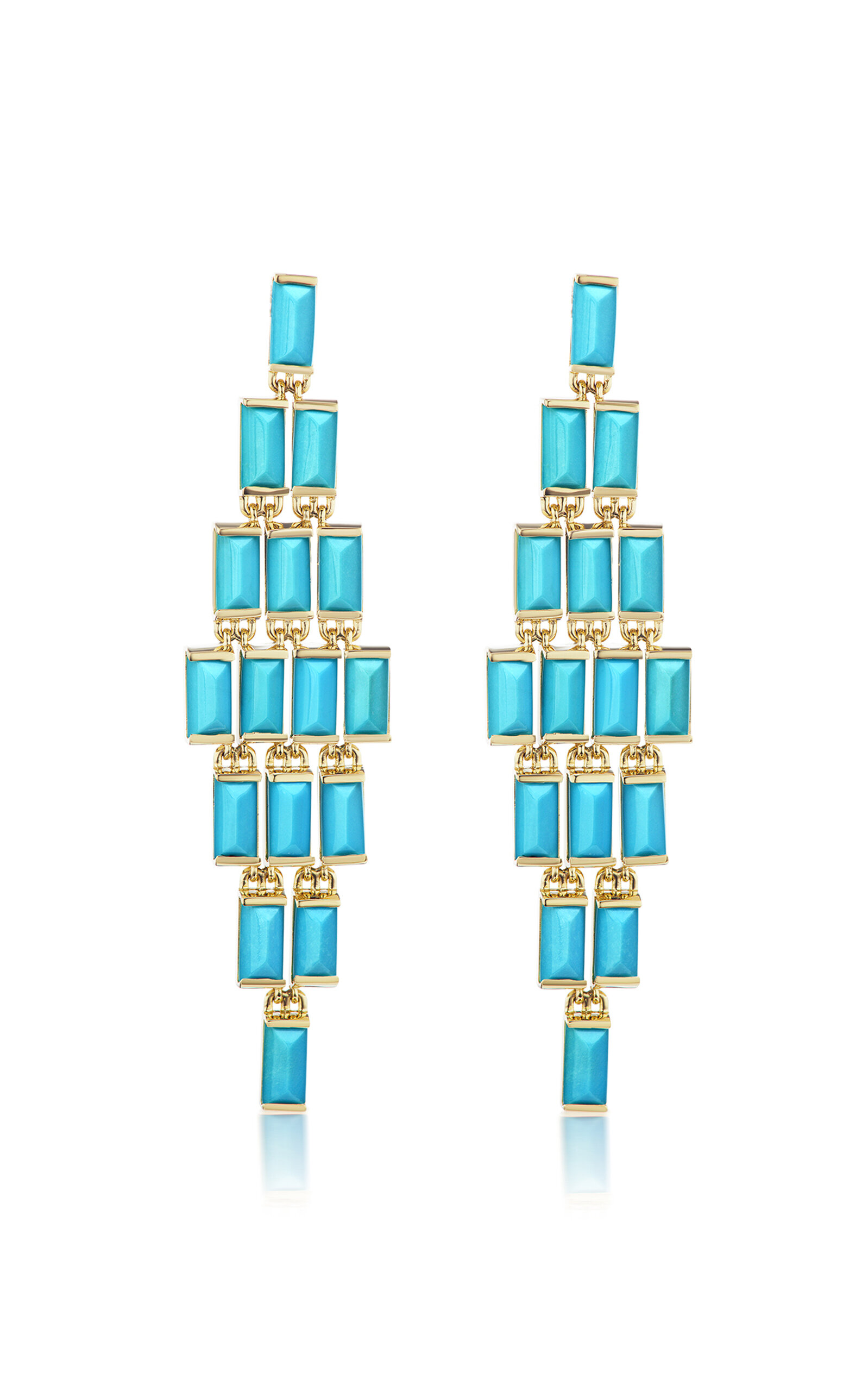 One of a Kind 14K Yellow Gold Baguette Cascade Earrings with Sleeping Beauty Turquoise Sugarloaf Cabochon Baguettes