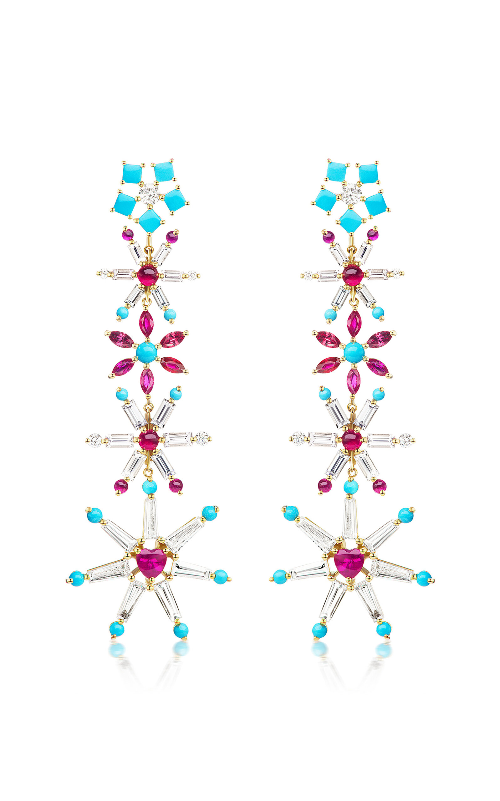 One of a Kind 14K Yellow Gold Flower Power Burst Earrings with Sleeping Beauty turquoise; ruby; spinel; sapphire and diamonds