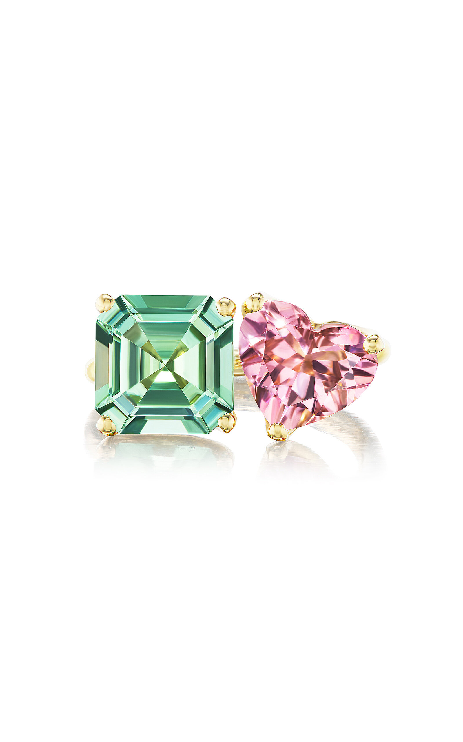 One of a Kind 14K Yellow Gold 2-Stone Ring with Pastel Green and Pink Tourmaline