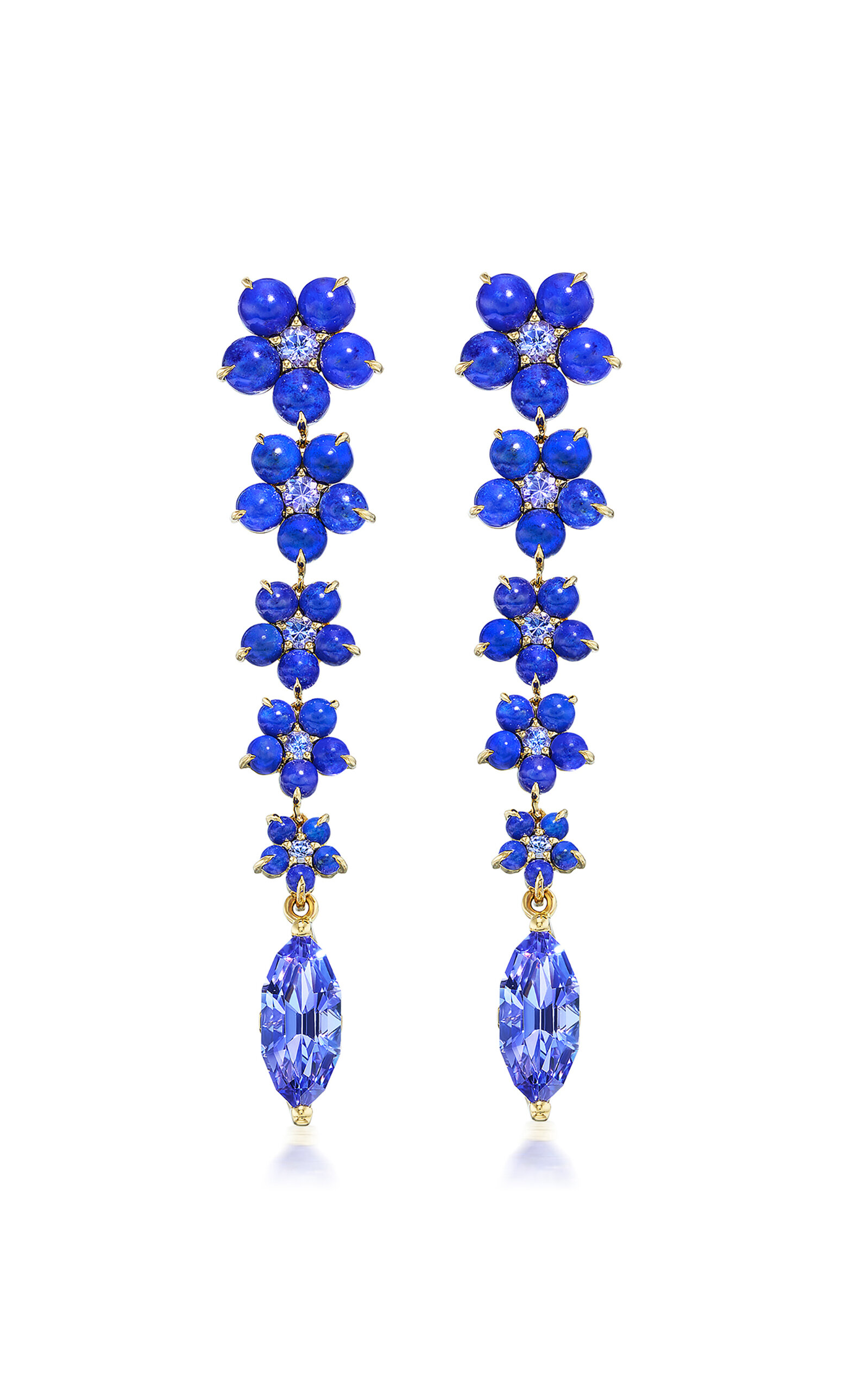 One of a Kind 14K Yellow Gold Cascading Flower Power Drop Earrings with lapiz and tanzanite