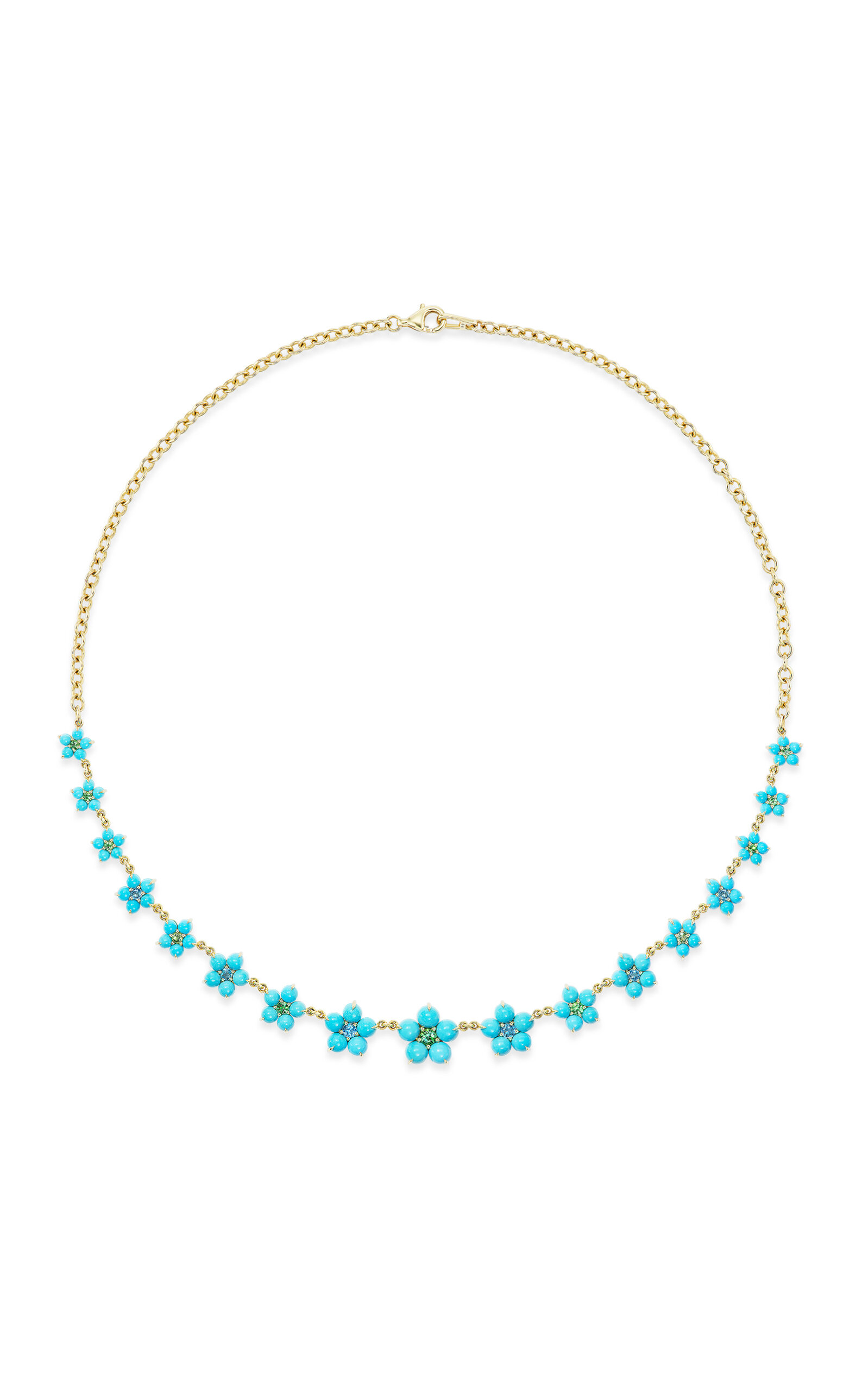 One of a Kind 14K Yellow Gold Tapered Daisy Chain Necklace with Sleeping Beauty turquoise; green tourmaline; aquamarine; blue topaz and