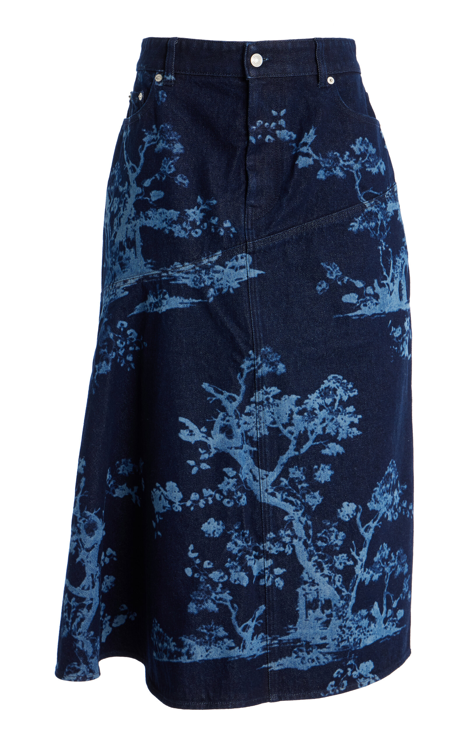 Printed Denim Midi Skirt