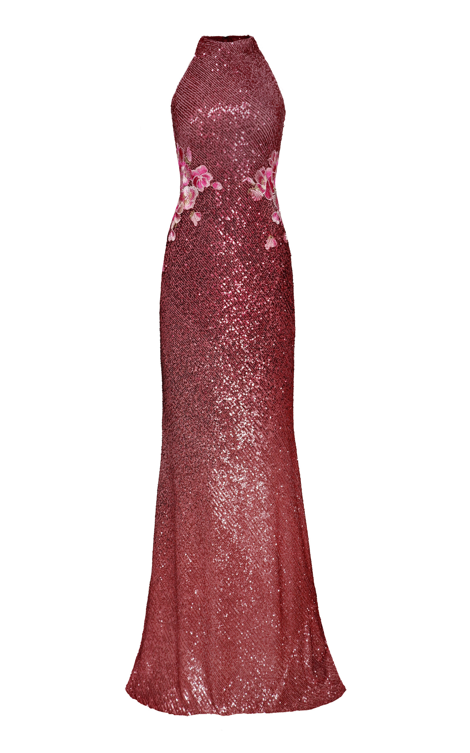 Floral-Appliquéd Sequined Halter Gown