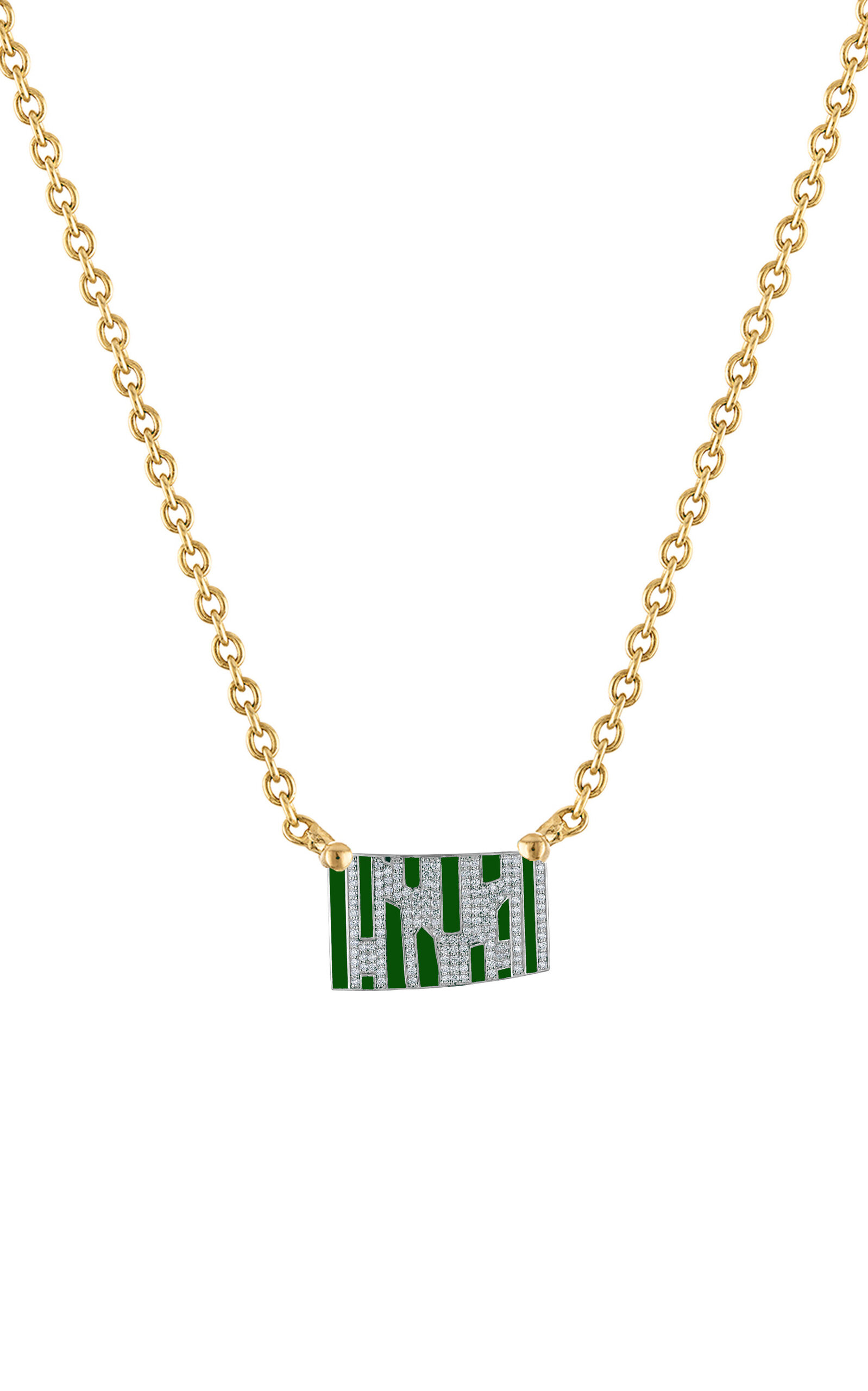 18k Gold Chain with Green Enamel 
Paved Diamond Pendant