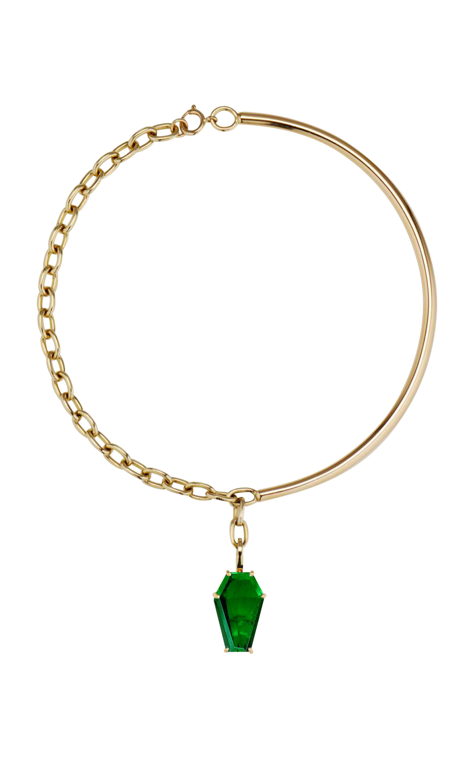 18k Gold Mixed Metal Necklace with Coffin Cut Dark Green Quartz Pendant