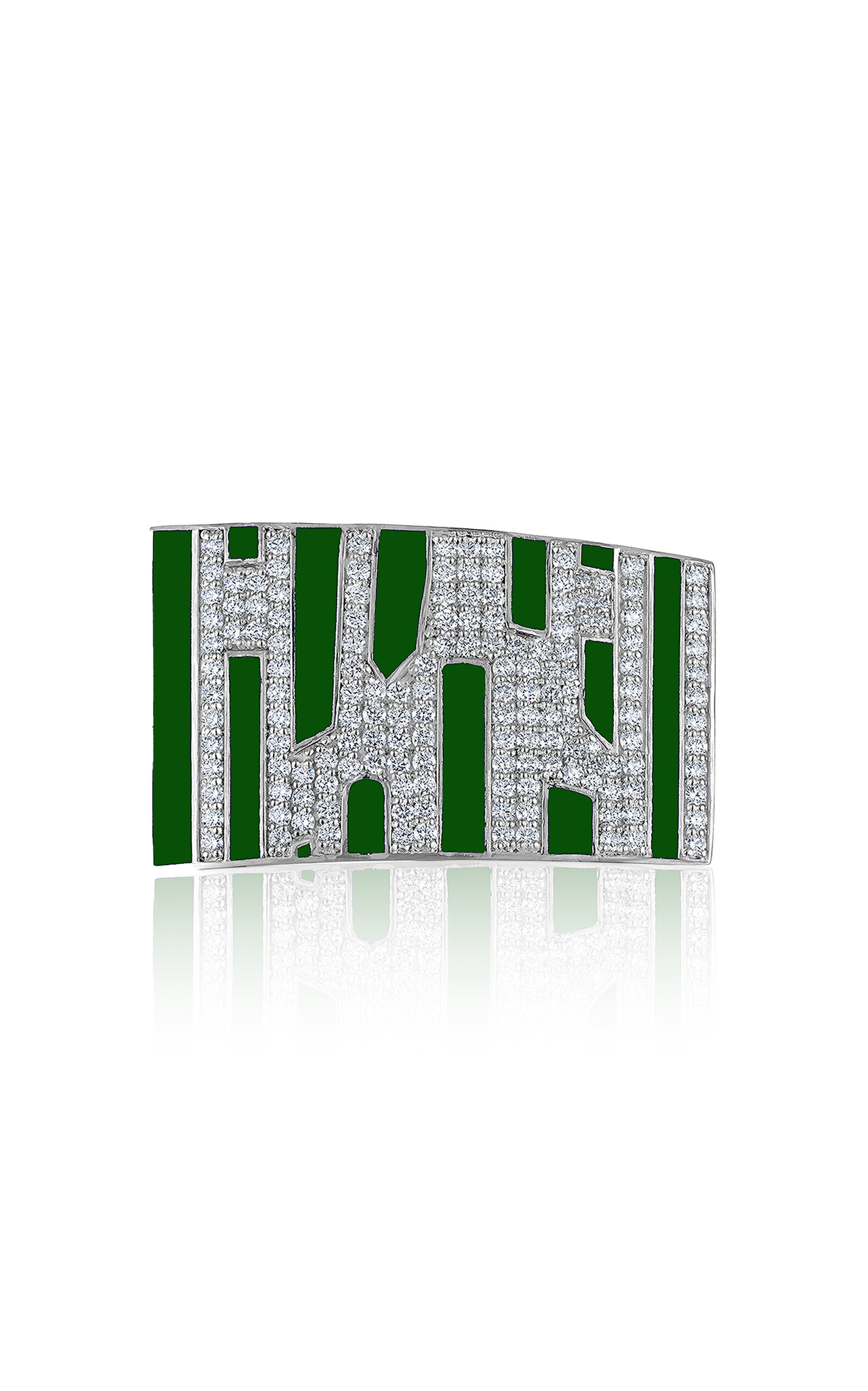 White Gold Ring with Paved Diamonds 
Green Enamel