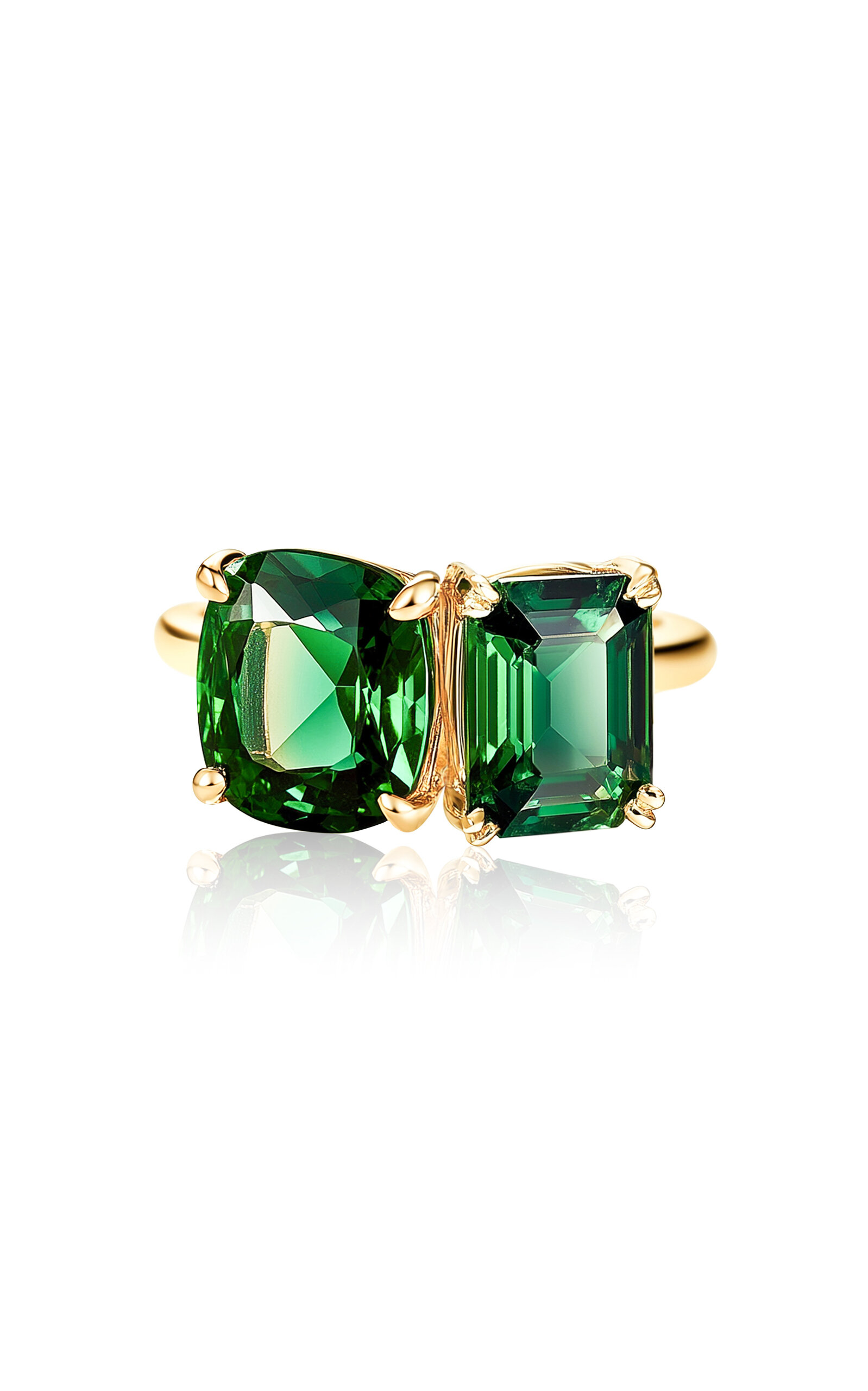 18k Gold Band with Emeral Cut Dark Green Quartz 
Cushion Cut Dark Green Quartz