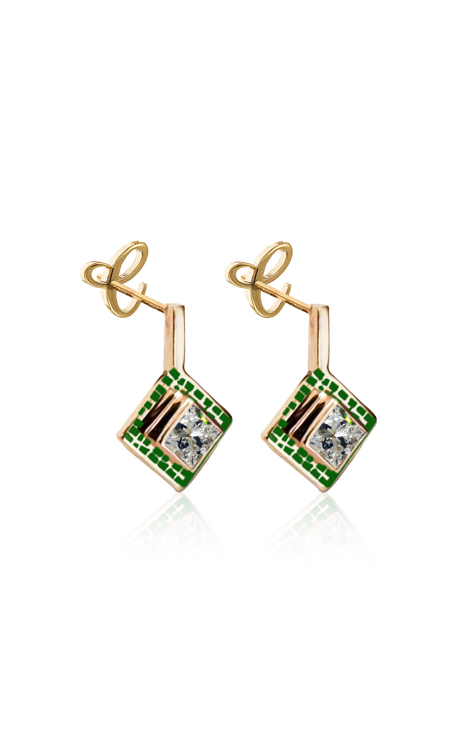 18k Gold Earrings with Green Enamel 
Diamonds