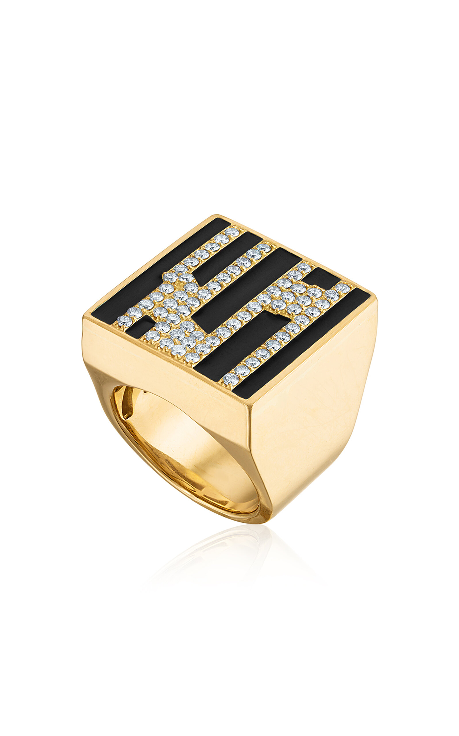 Solid 18k Gold Square Ring with Black Enamel 
Paved Diamonds