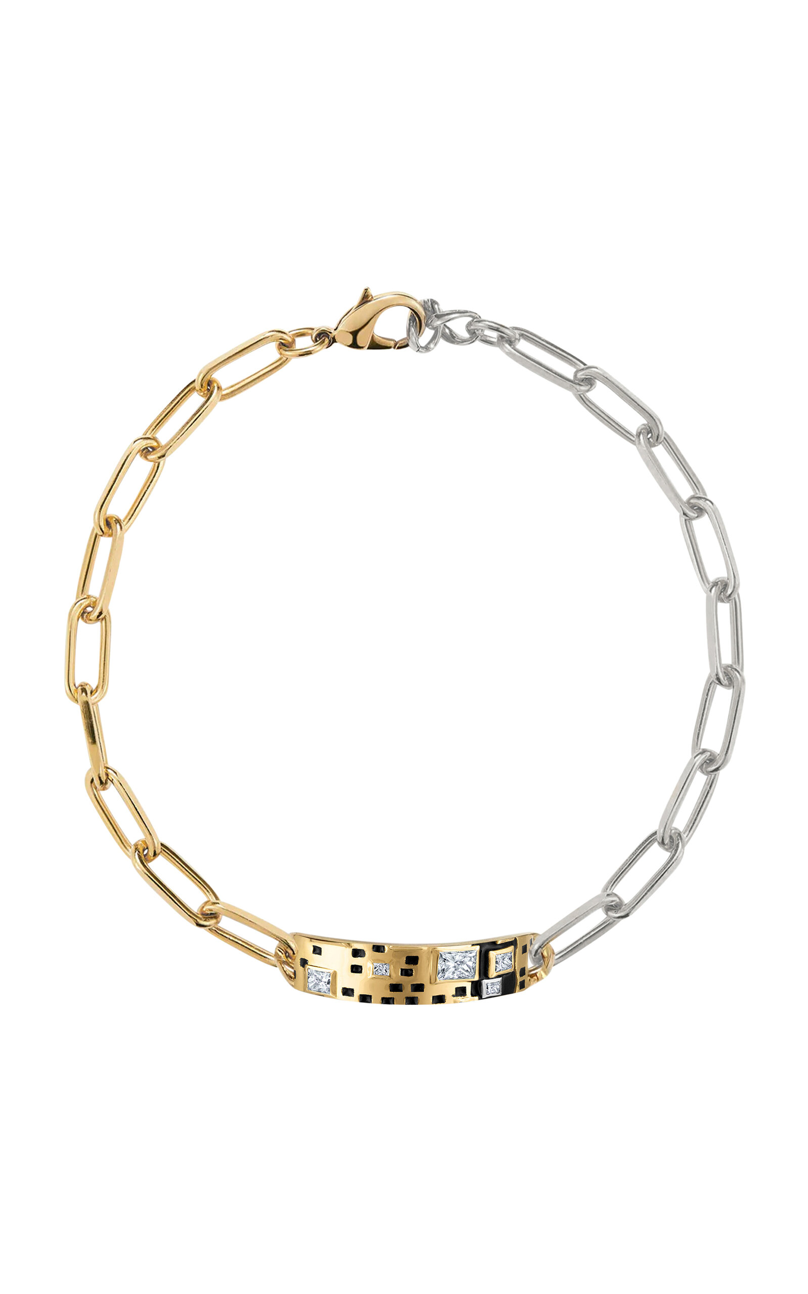 18k Yellow Gold and Silver Mixed Metal Necklace with Black enamel &cushion cut diamonds