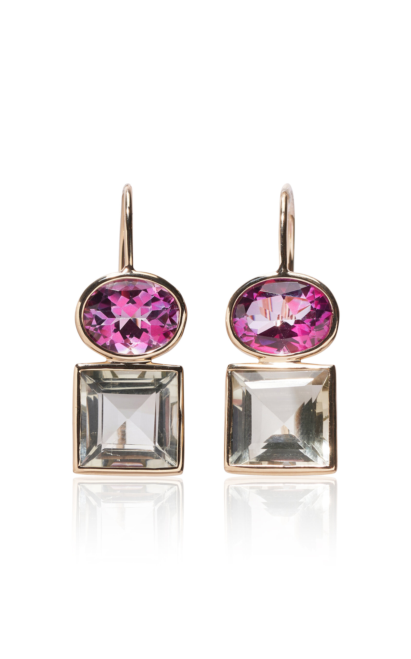 14K Gold Duo Pink Topaz and Green Amethyst Earrings