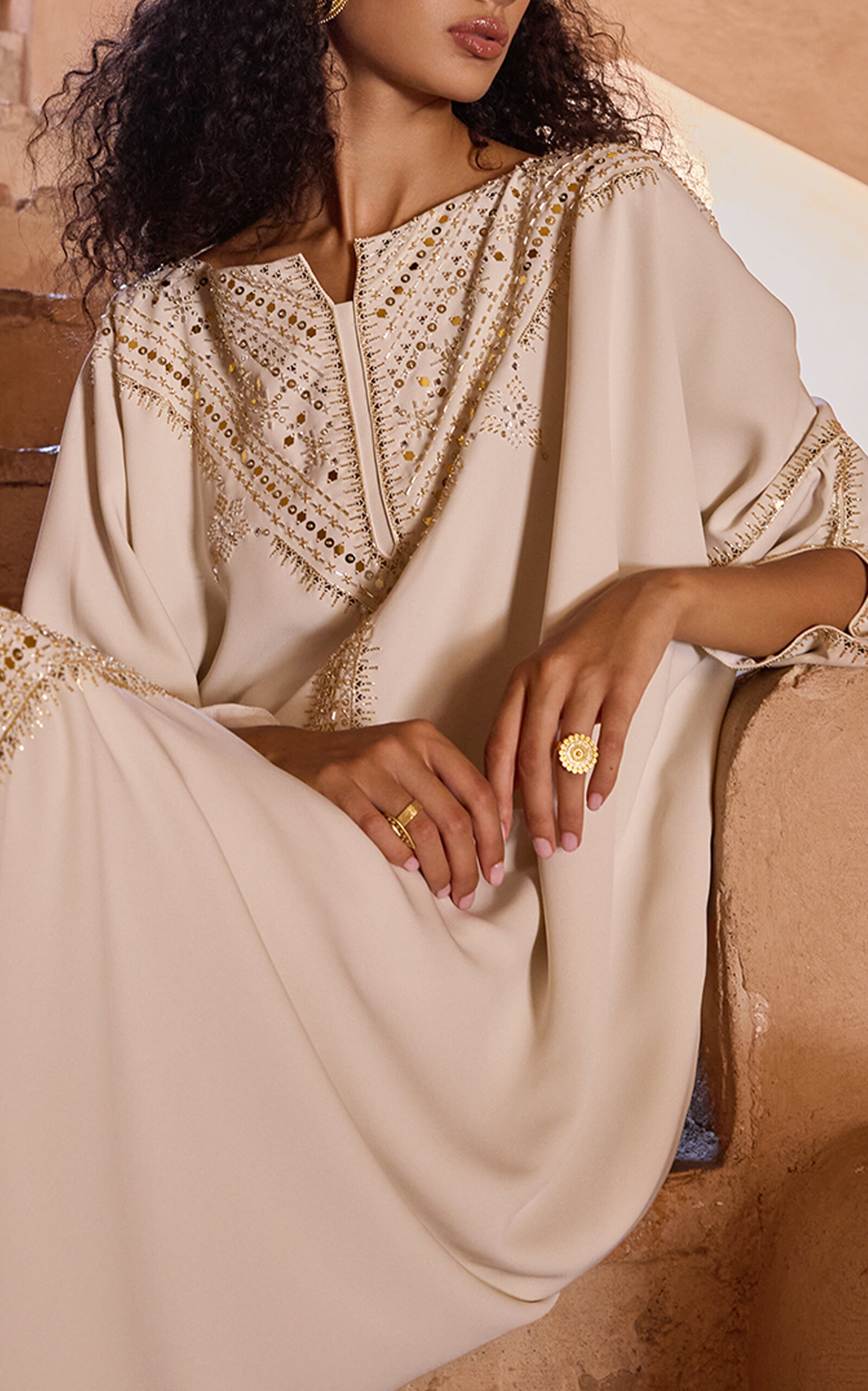 Gold-Beaded Crepe Silk Caftan