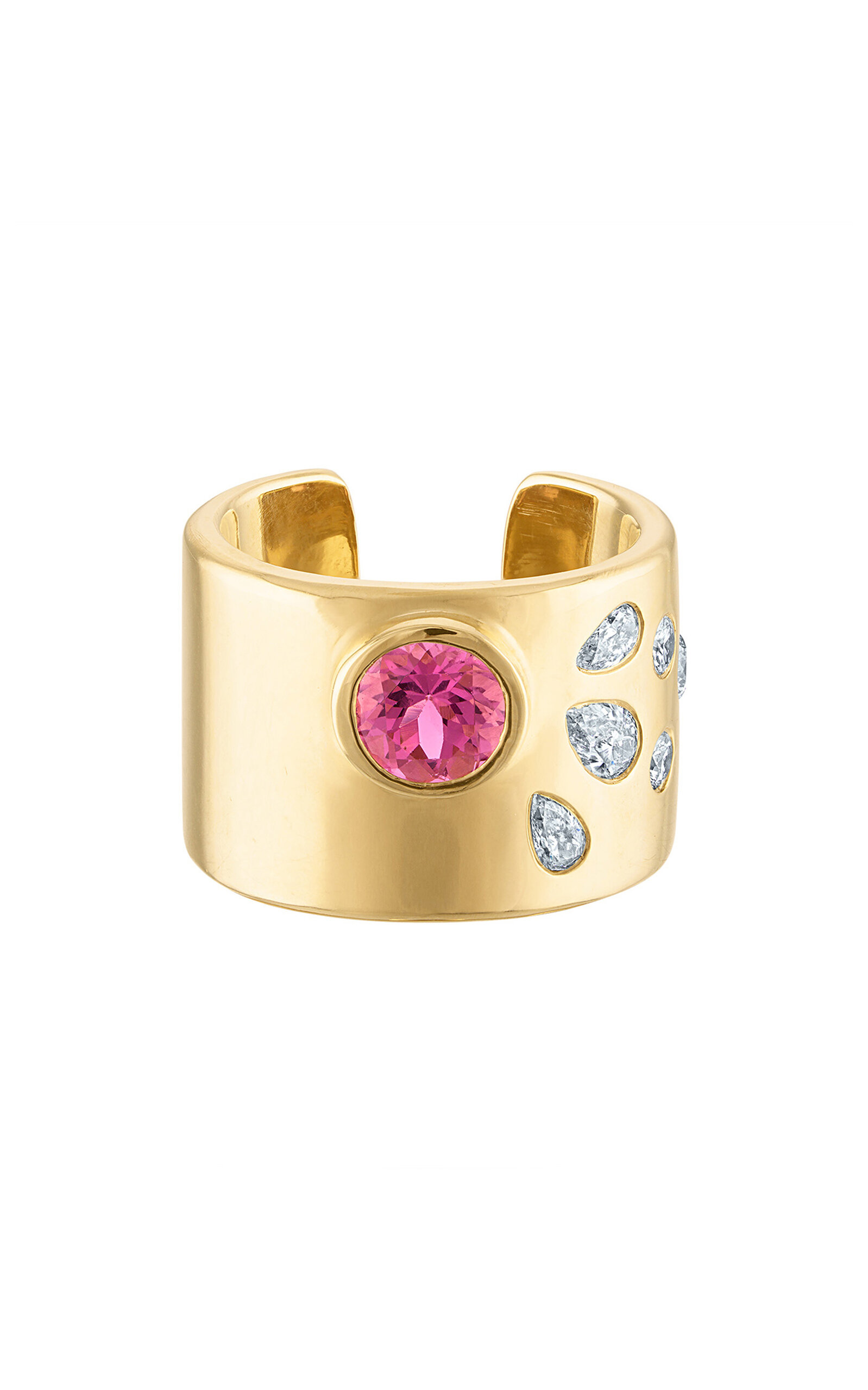 18k Solid Yellow Gold Cuff Ring with Round CutPink Sapphire and Pear ShapedNatural Diamonds