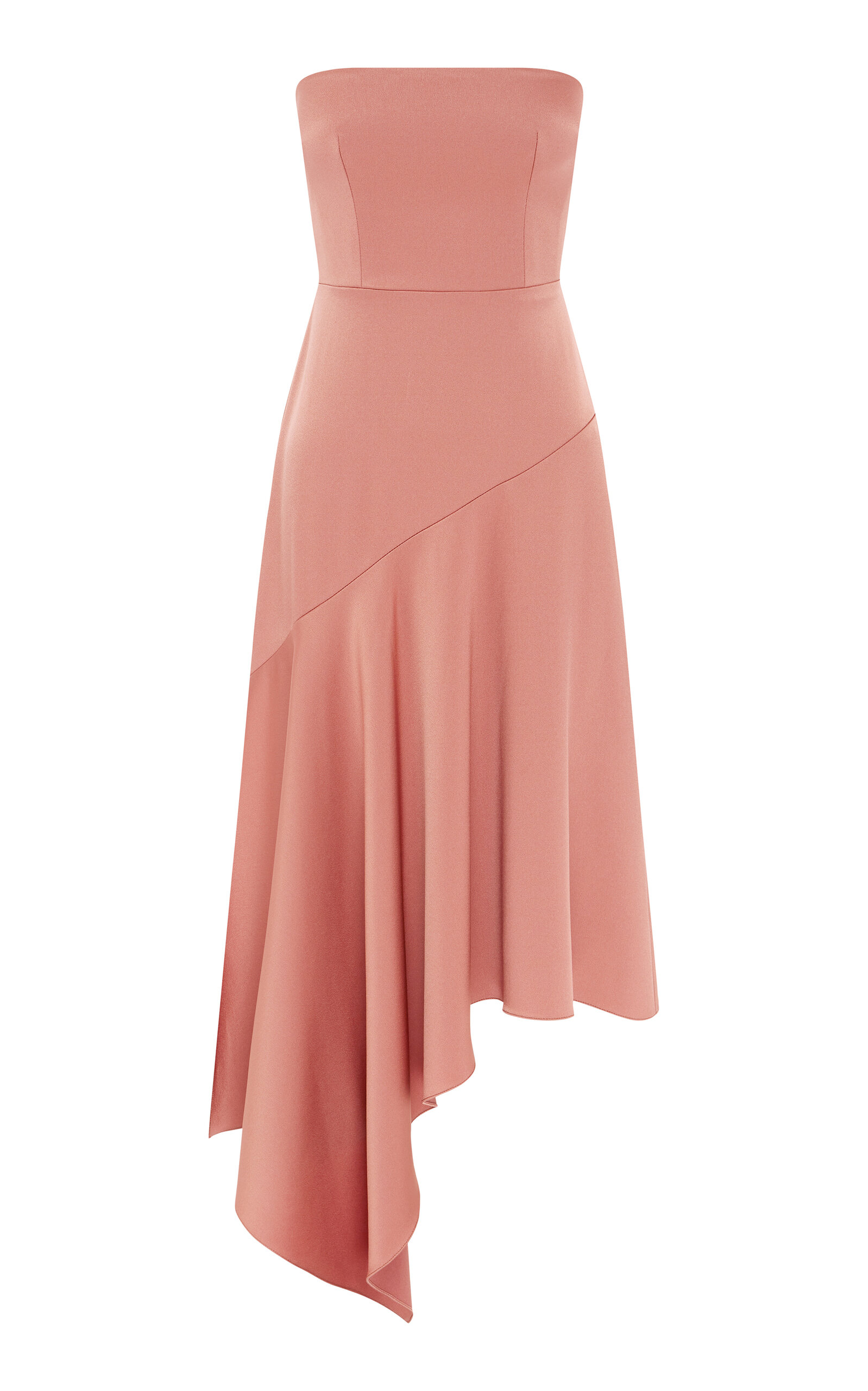 Asymmetric Strapless Satin Crepe Midi Dress