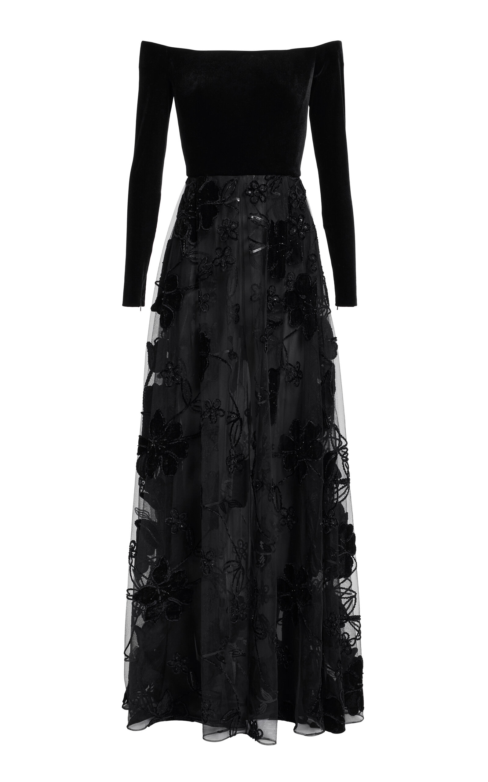 Embroidered Velvet-Tulle Maxi Dress