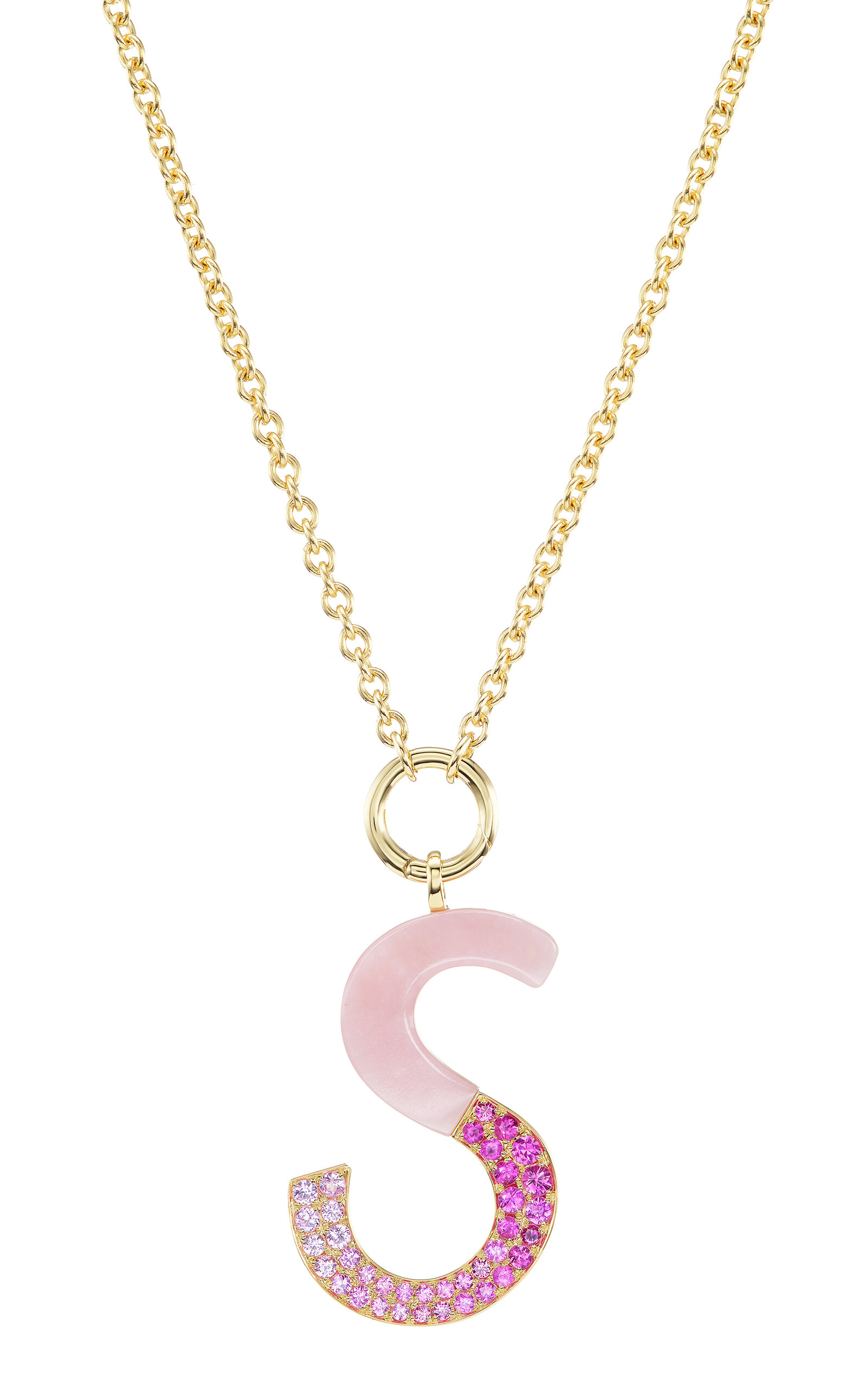 18K Yellow Gold Sapphire and Pink Opal Bubble Letter Necklace