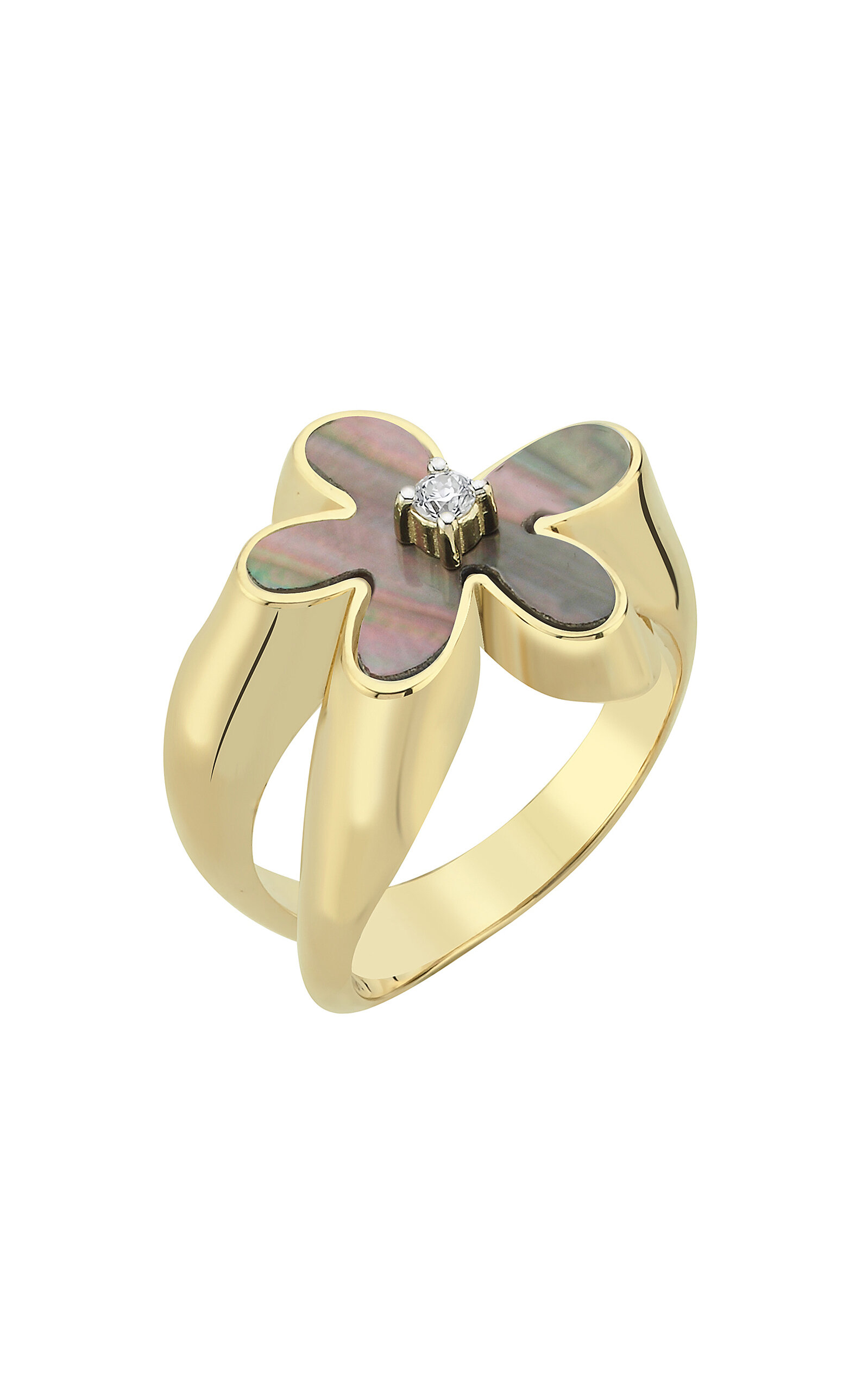 Flower 14K Yellow Gold Mother Of Pearl and Solitaire Diamond Ring