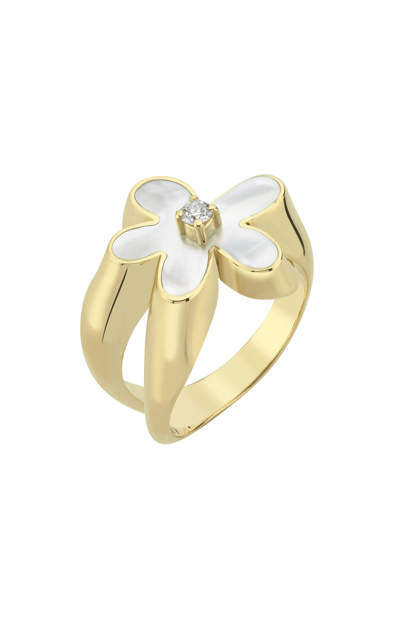 Flower 14K Yellow Gold Mother Of Pearl and Solitaire Diamond Ring