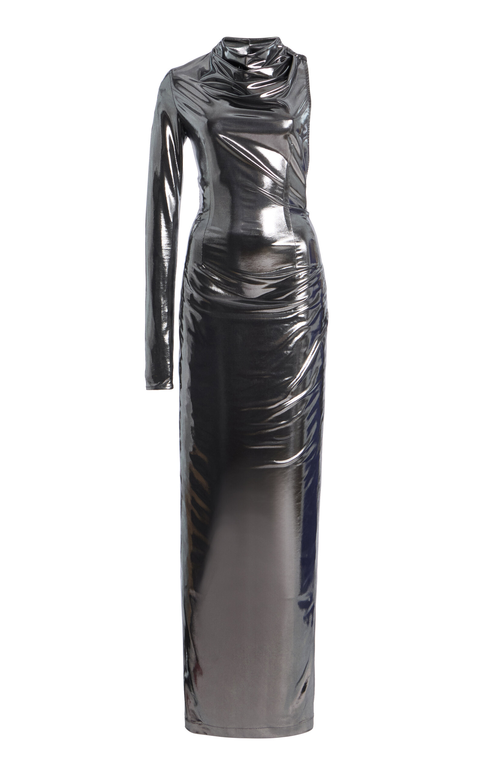 Metallic Single-Sleeve Draped Gown