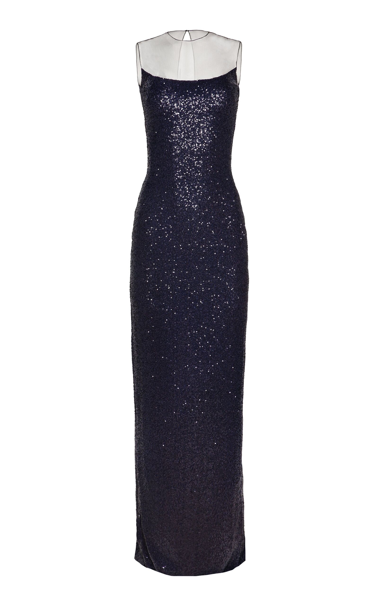 Mesh-Paneled Stretch-Sequin Column Gown