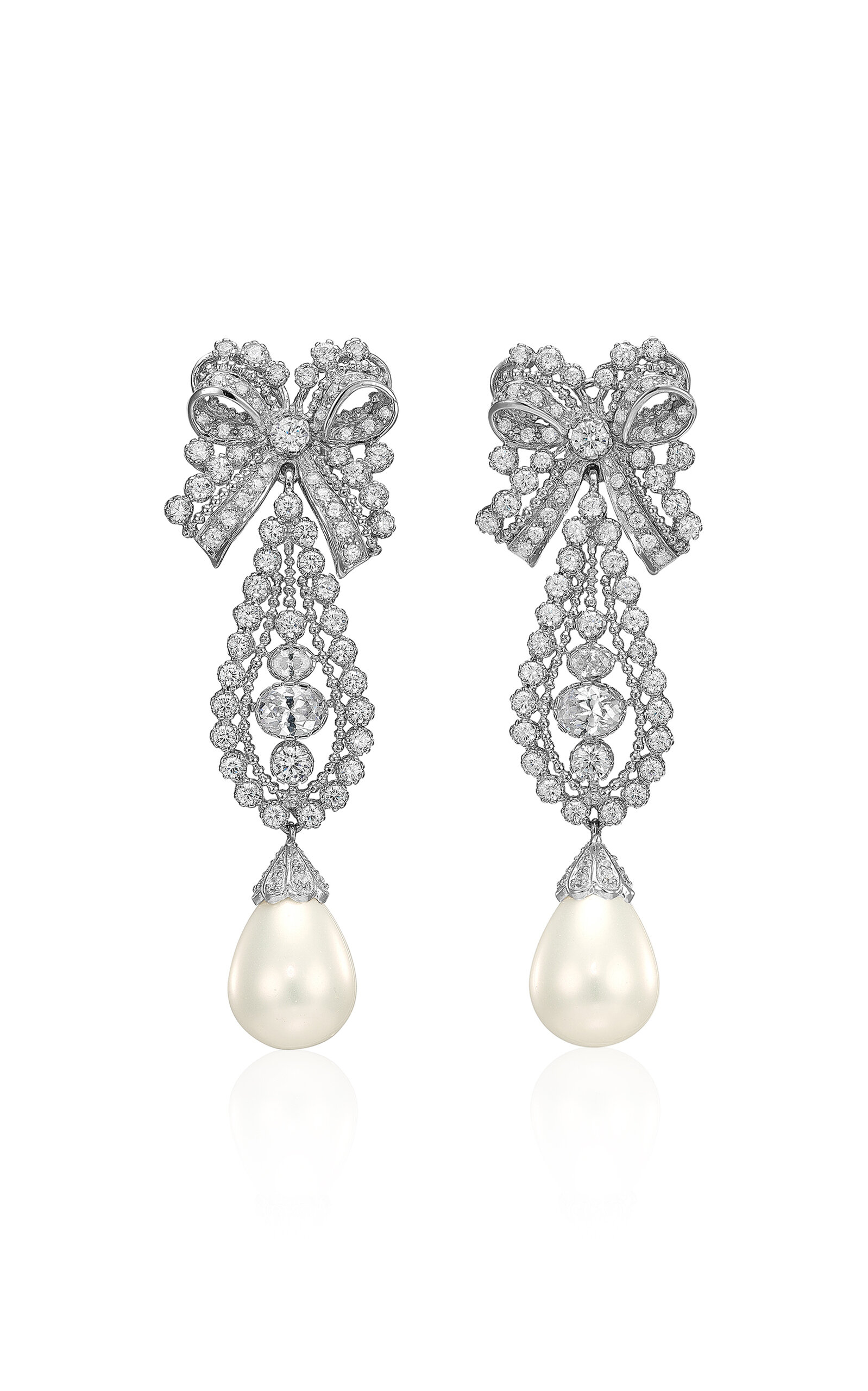 18k White Gold and Rhodium Vermeil Pearl Dentelle Bow Earrings