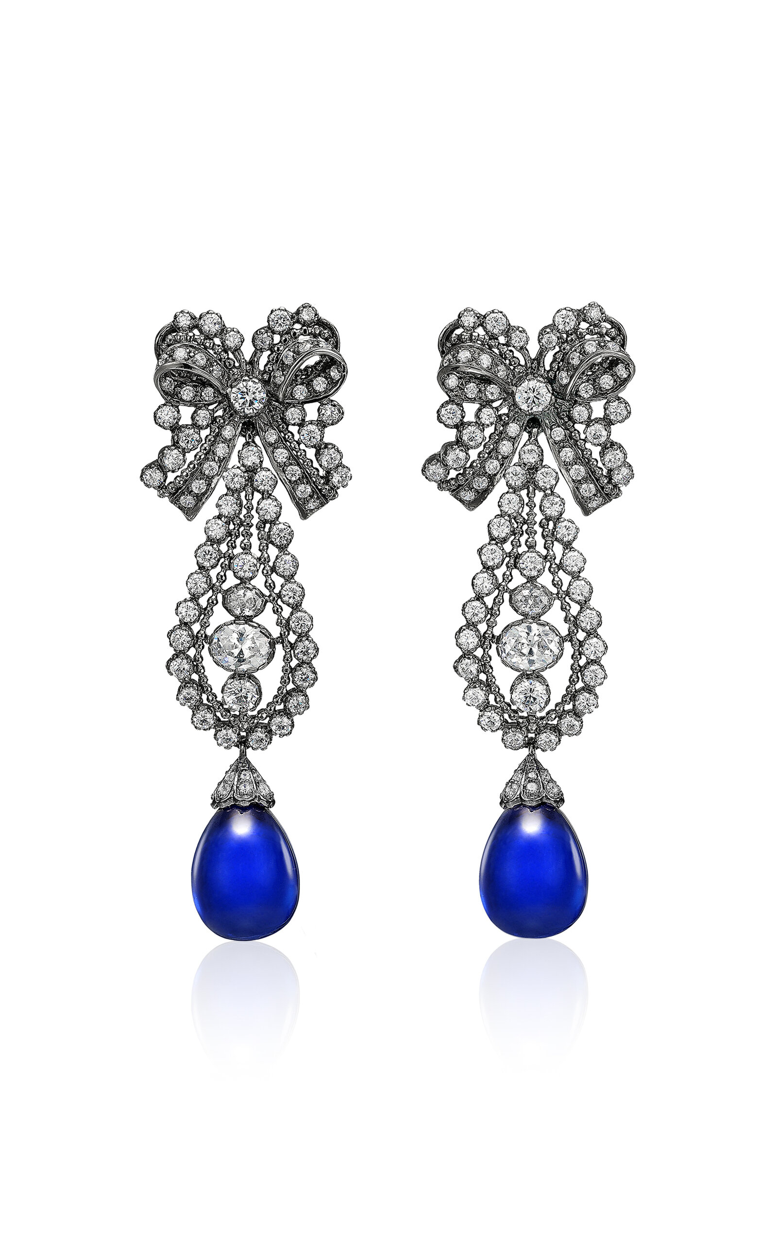 18k White Gold and Rhodium Vermeil Royal Blue Dentelle Bow Earrings