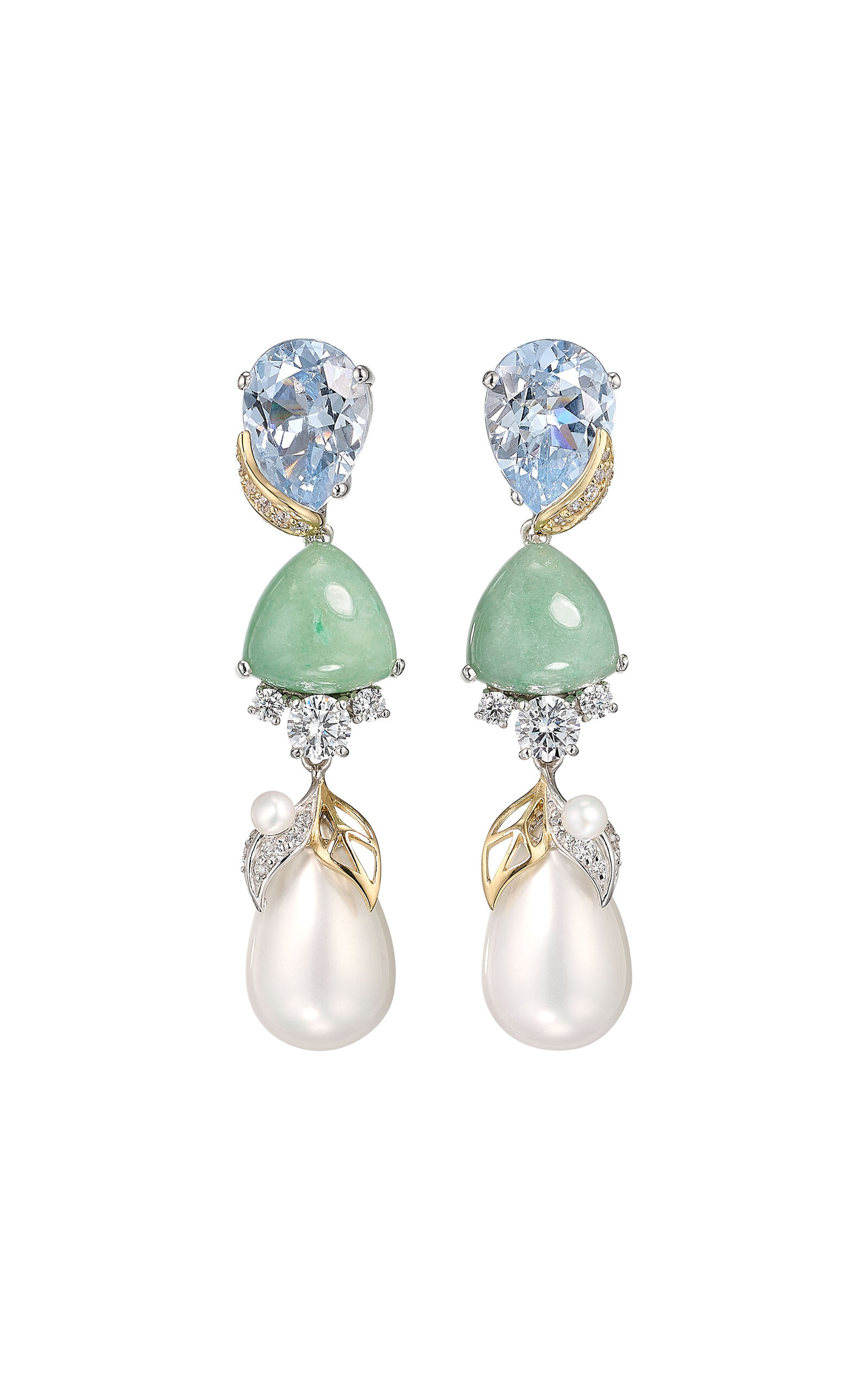 18k White Gold and Rhodium Vermeil Aqua Diamond Jade Pearl Berry Earrings