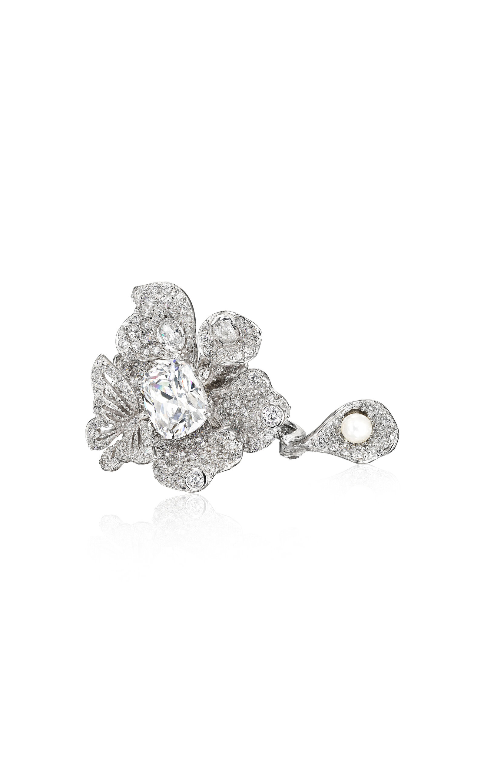 18k White Gold and Rhodium Vermeil Diamond Peony Butterfly Ring