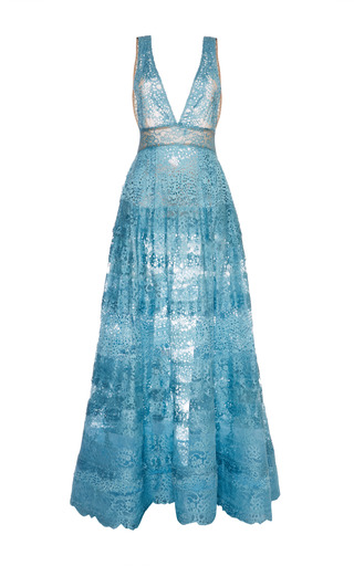 Elie Saab Blue Lace Deep V-Neck Gown by Elie Saab | Moda Operandi