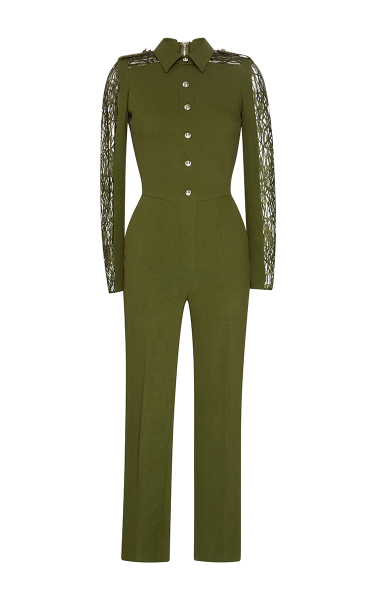 Olive Stretch Cady Lace Long Sleeve Jumpsuit by Elie | Moda Operandi