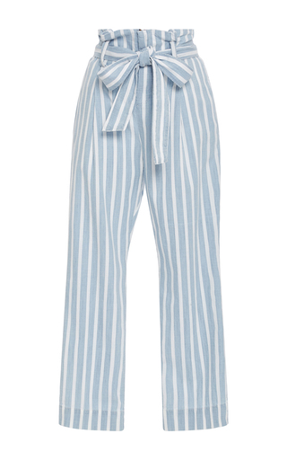 blue and white paper bag pants