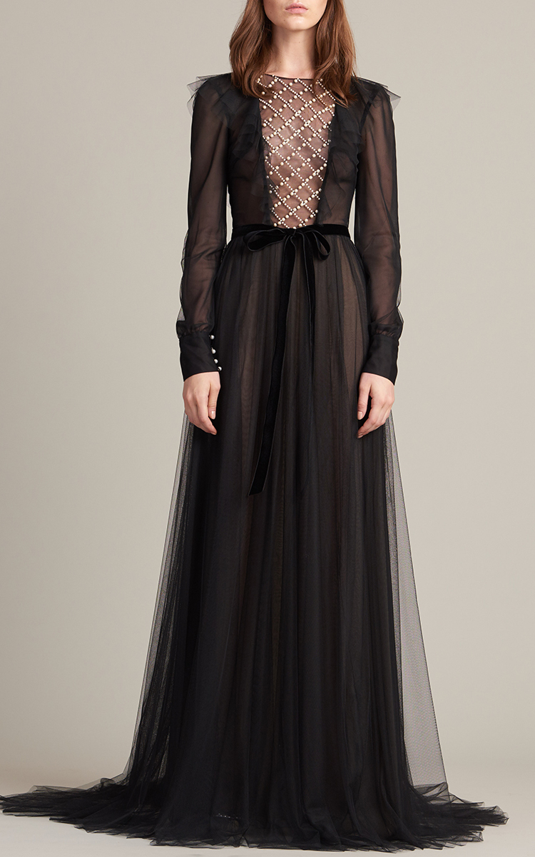 Long Sleeve Pearl Embellished Gown By Monique Lhuillier Moda