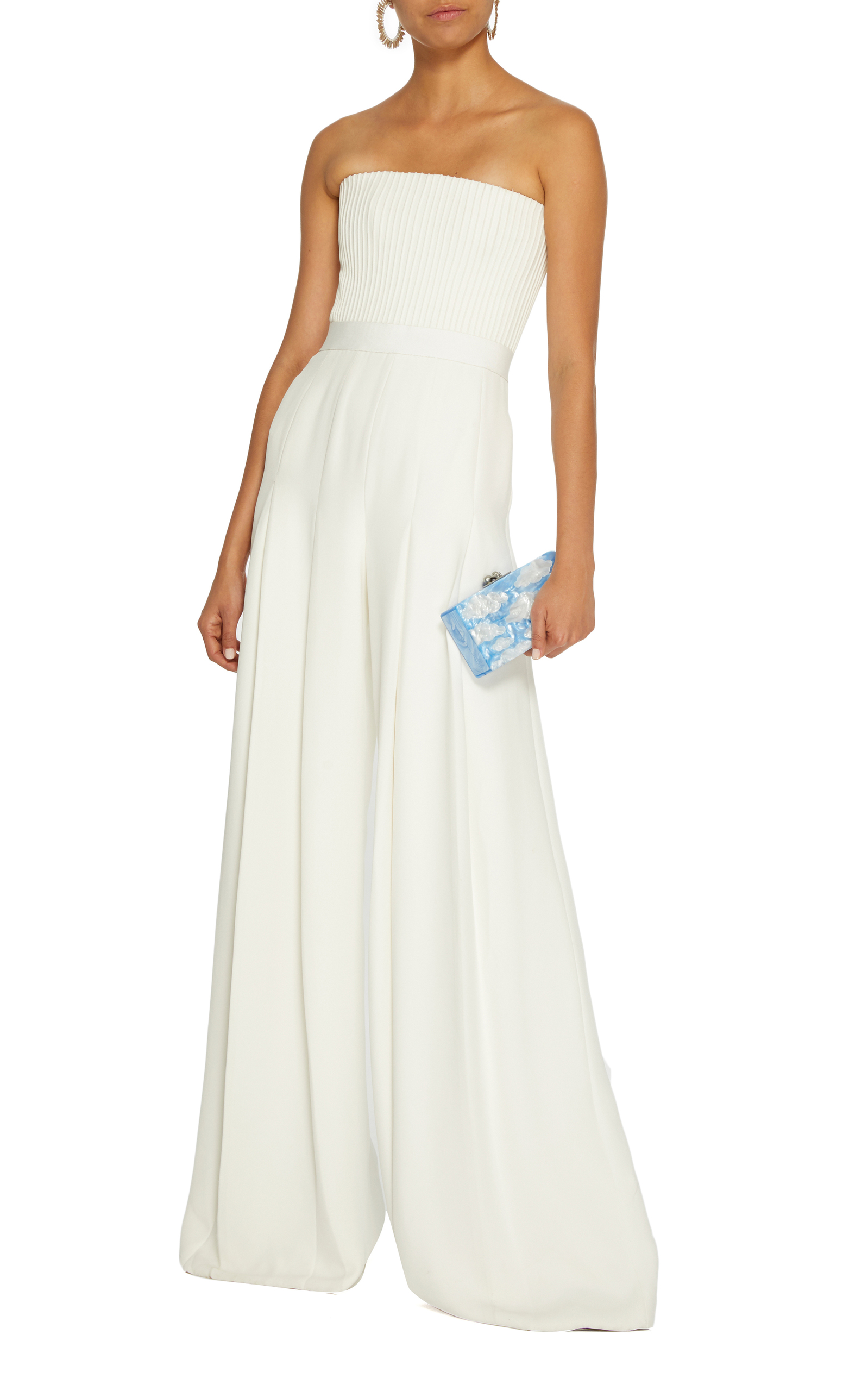 white strapless jumpsuit wide leg