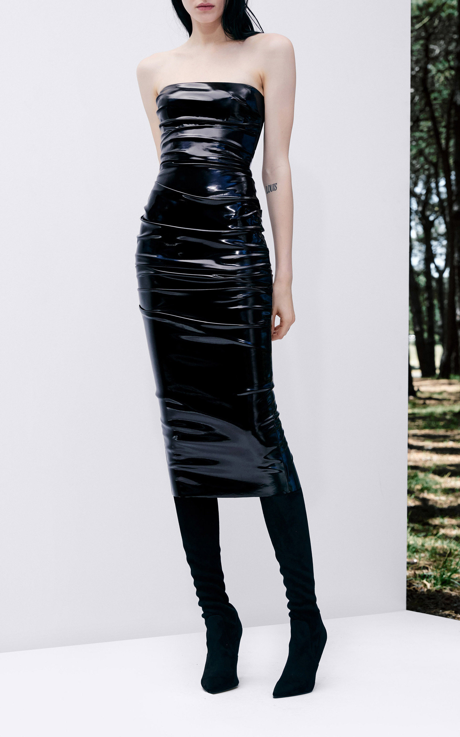 strapless vinyl dress