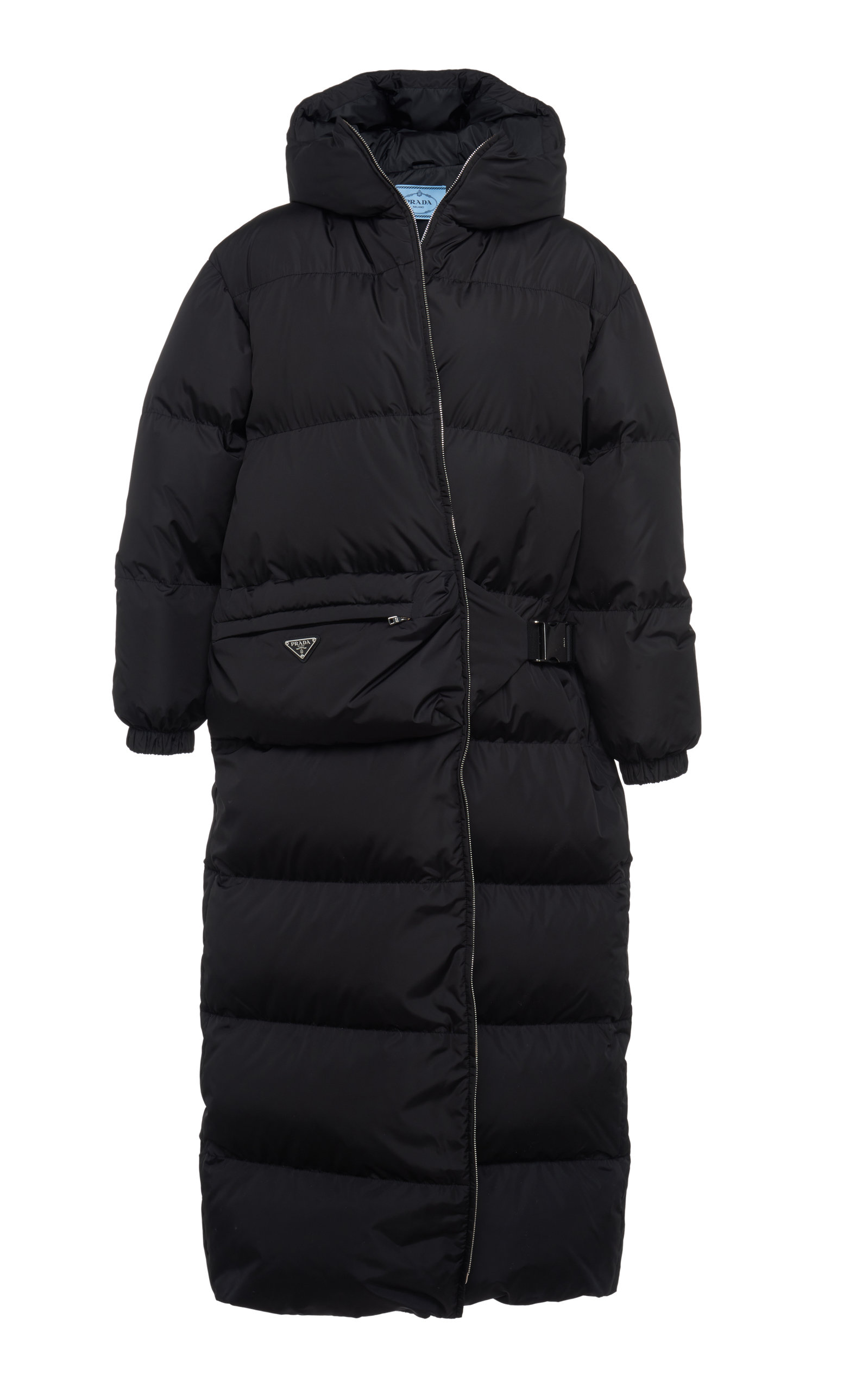 prada belted quilted shell down coat