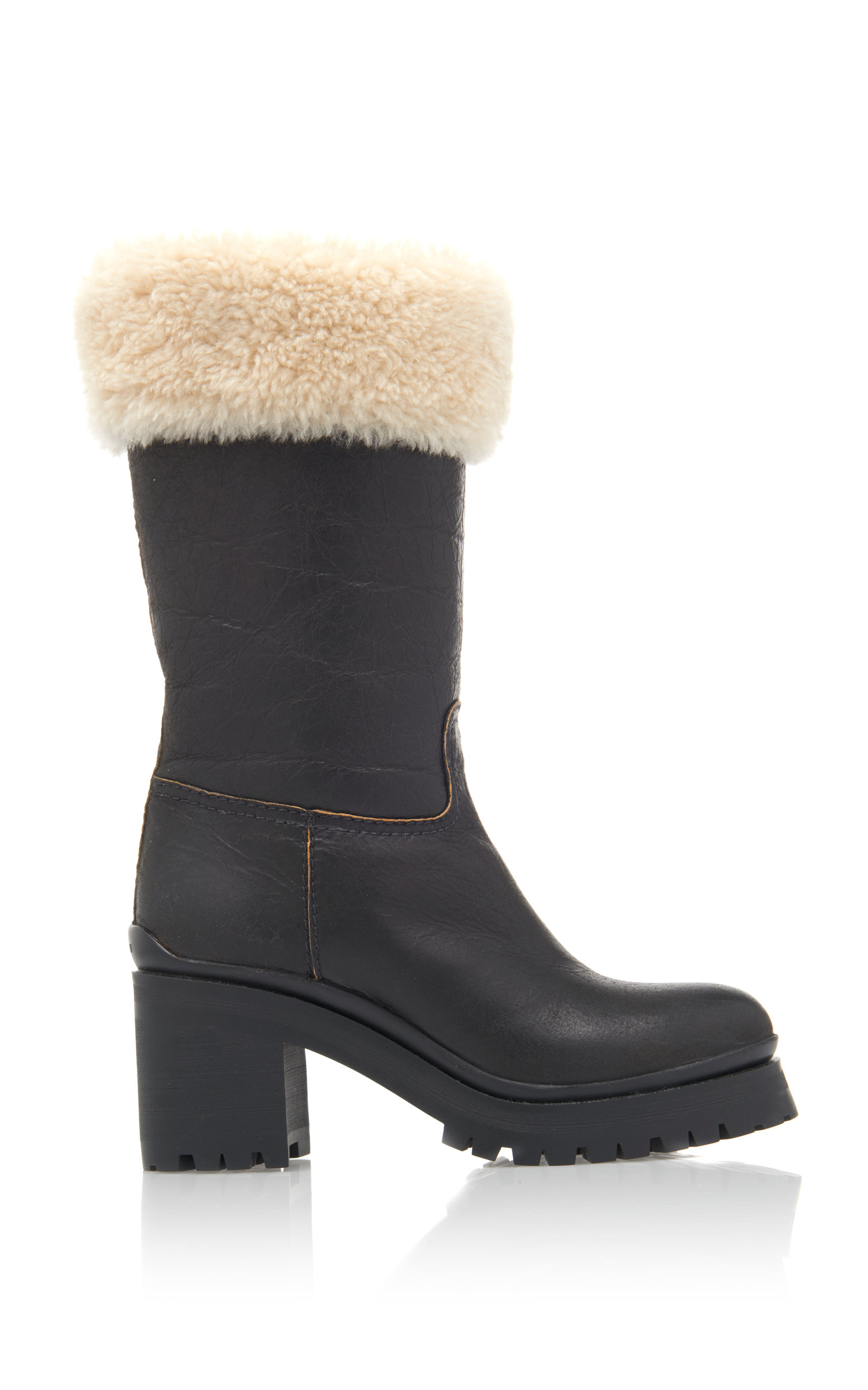 Shearling-Trimmed Leather Boots