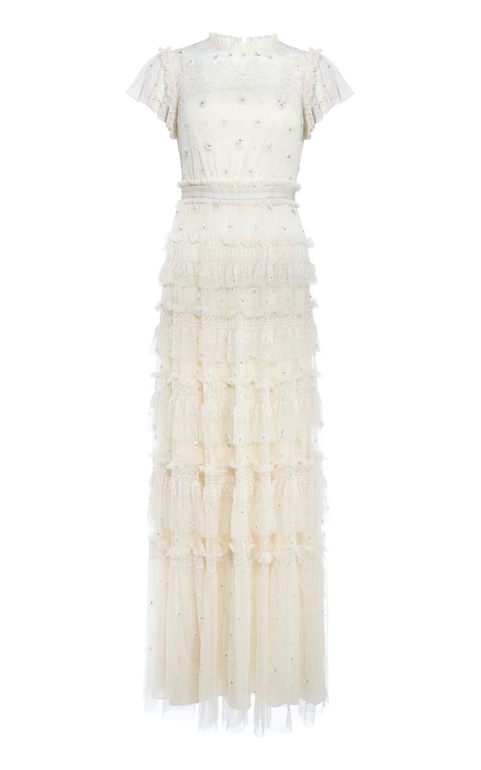 needle & thread embroidered lace tiered maxi dress in ivory