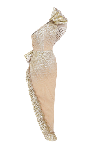 Gold Draped Assymmetrical Dress by Raisa Vanessa | Moda Operandi