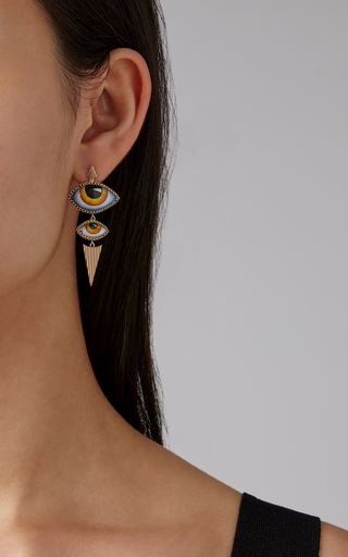 14K Gold Yellow Enamel Eye and Diamond Earrings展示图