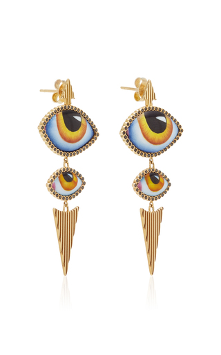 14K Gold Yellow Enamel Eye and Diamond Earrings展示图