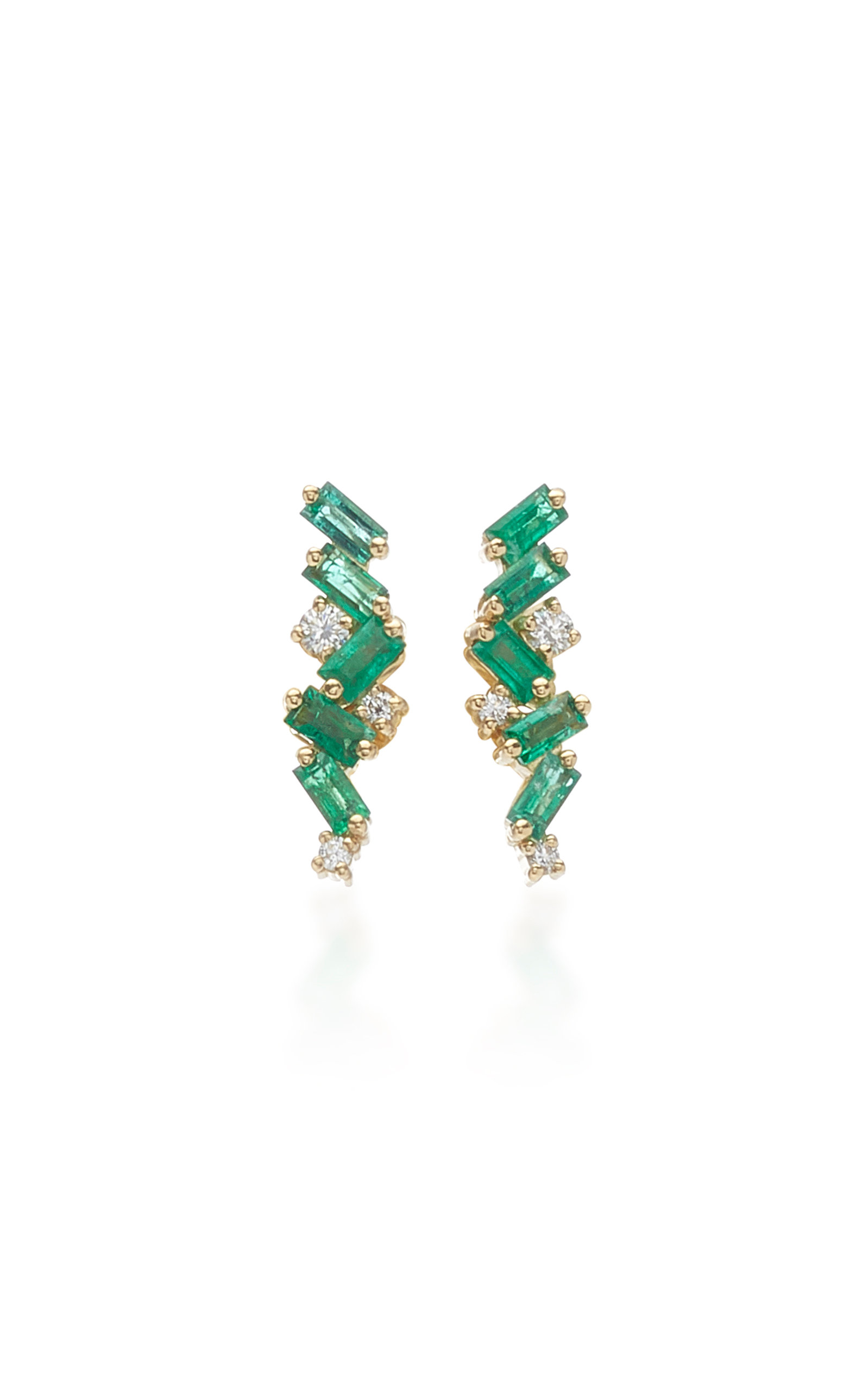 18k Yellow Gold Emerald Baguette And Diamond Earrings By Suzanne