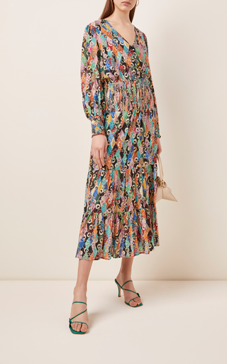 Maya Smocked Printed Crepe Midi Dress展示图