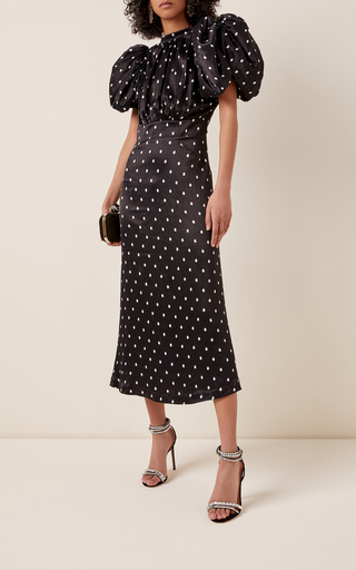 Dawn Polka-Dot Satin Puff-Sleeve Midi Dress展示图