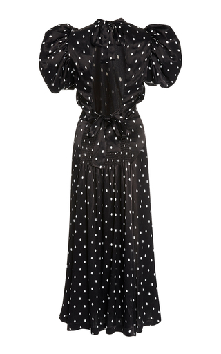 Dawn Polka-Dot Satin Puff-Sleeve Midi Dress展示图